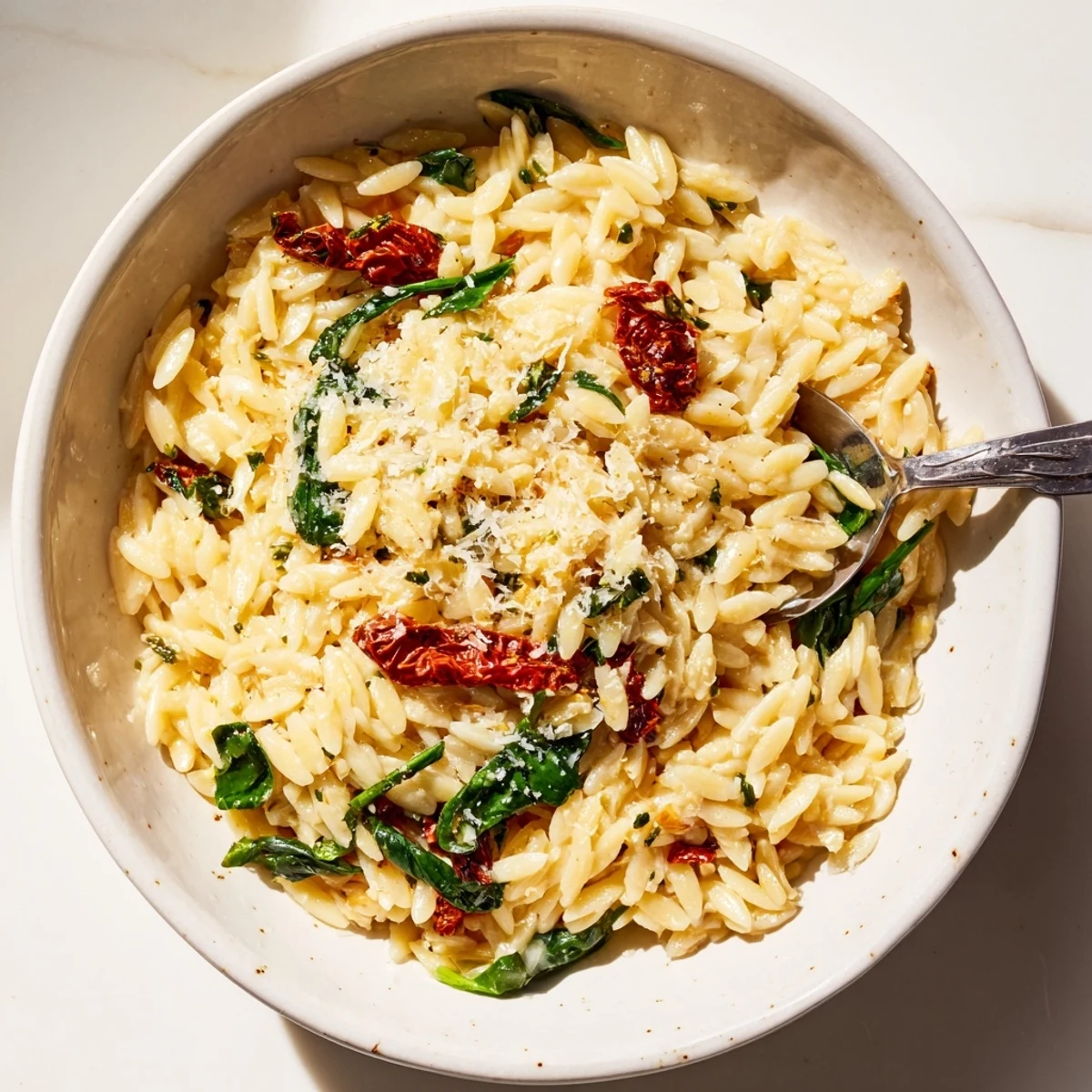 Deliciously rich Creamy Tuscan Orzo Bowl, garnished with Parmesan and herbs.  