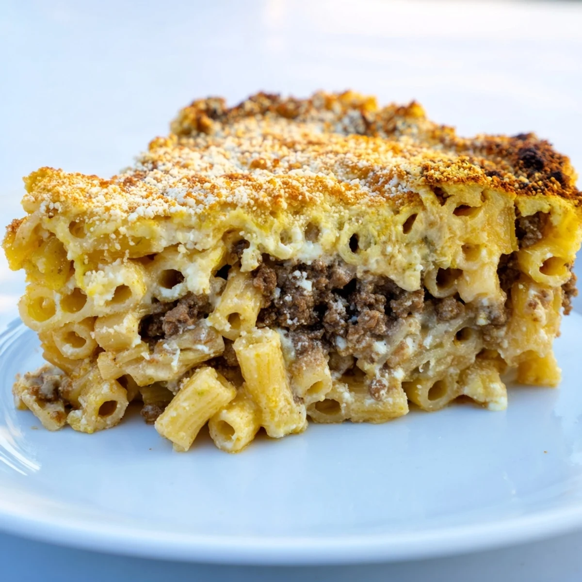 A close-up of a bubbling Greek Pastitsio, showcasing rich, savory beef and cheesy topping.