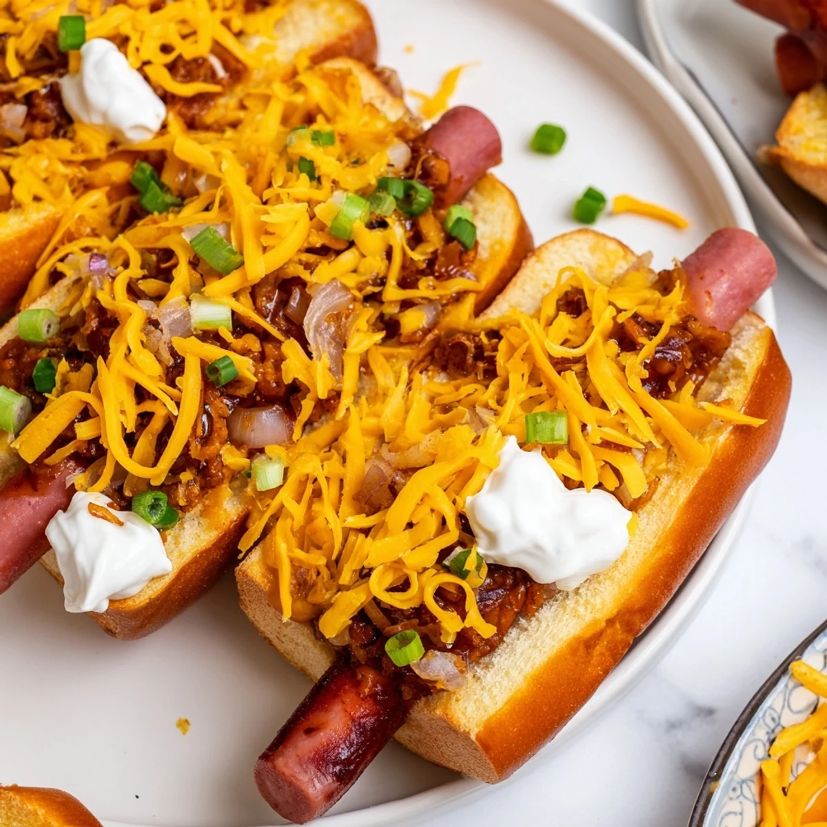 Golden, bubbly, cheesy Chili Dog Casserole, a delightful baked comfort food dish ready to enjoy.