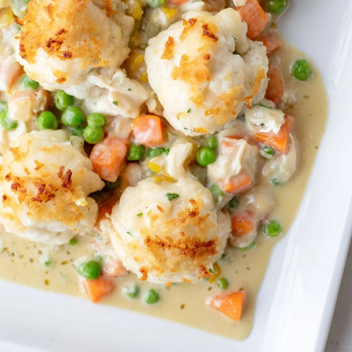 A close-up of a hearty Chicken and Dumplings Casserole, showcasing the texture of the dumplings and chicken.
