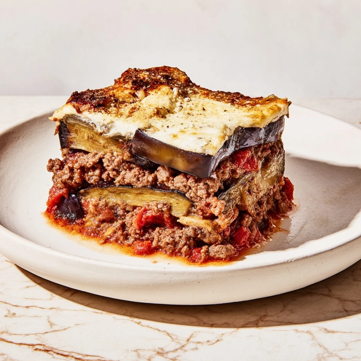 A close-up of a freshly baked Moussaka, showcasing tender eggplant layers and rich beef.
