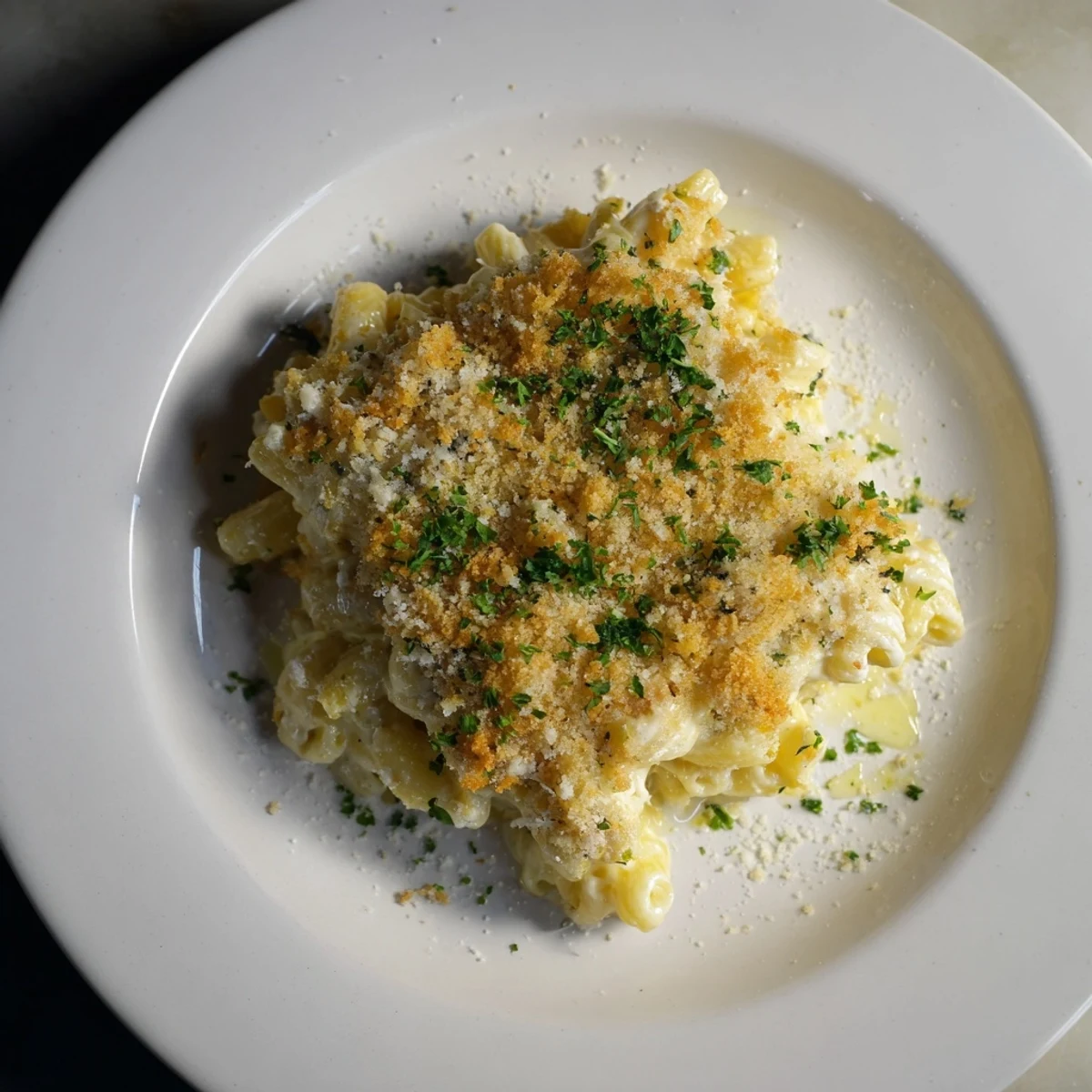 Golden, bubbly Truffle Macaroni & Cheese, a creamy delight in a baking dish, ready to serve.