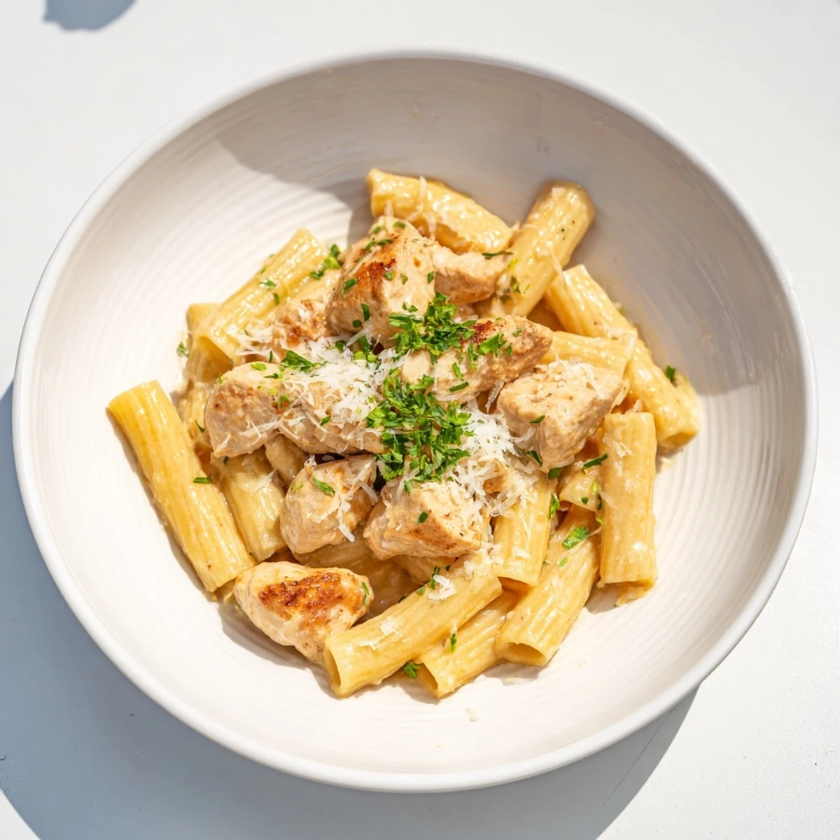 Bite-sized chicken pieces in creamy garlic Parmesan chicken rigatoni, plated and garnished with parsley and extra cheese.