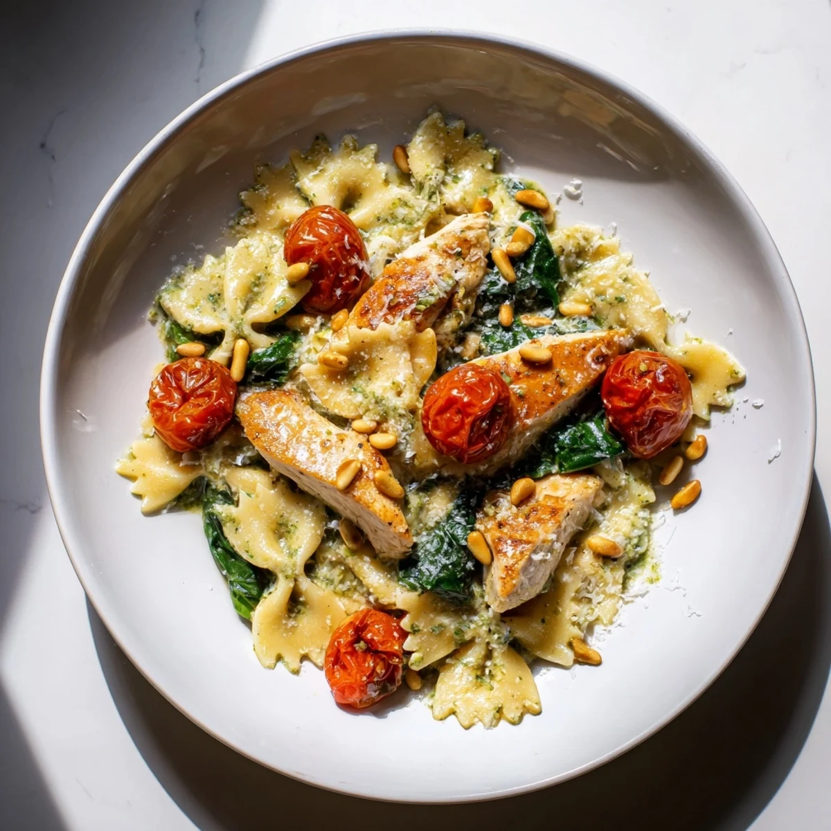 Beautiful bowl of Pesto Chicken Bowtie Pasta: creamy sauce, tender chicken, and fresh basil.