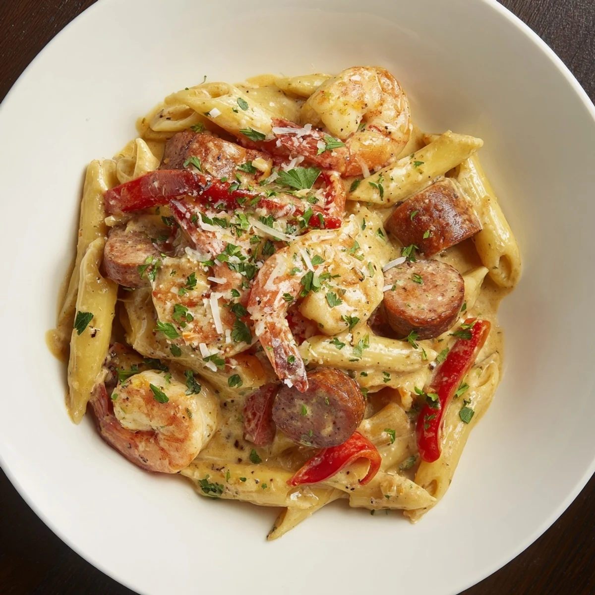 Sizzling Cajun Sausage & Shrimp Alfredo Pasta Skillet, loaded with shrimp and herbs, ready to serve.
