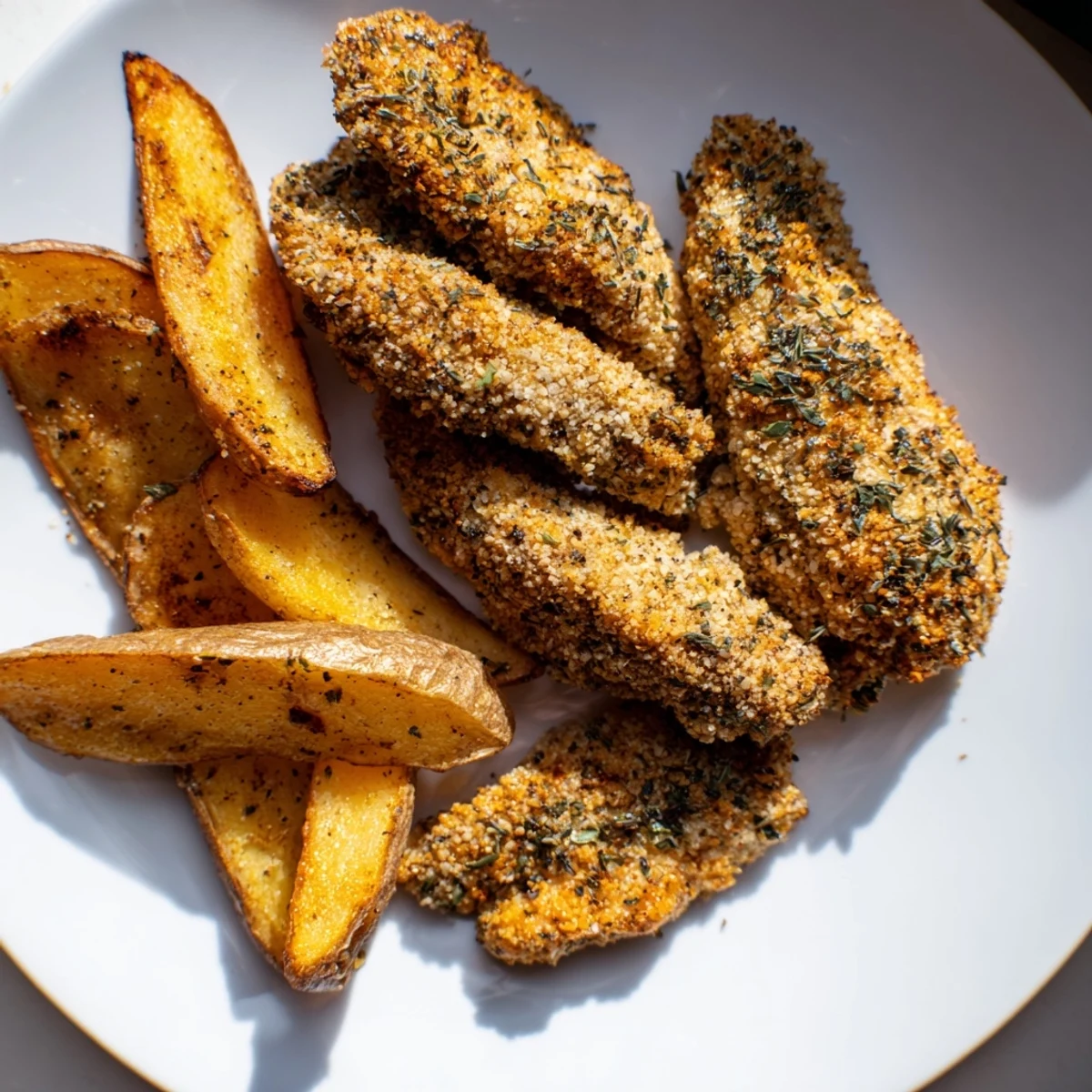 Close-up of savory Herbed Chicken Tenders, alongside seasoned potato wedges ready to be enjoyed.