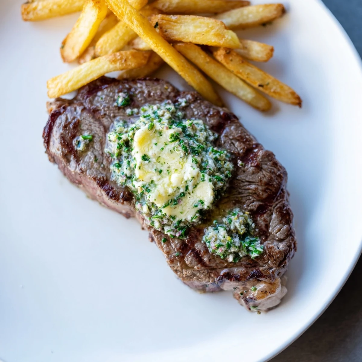 Sizzling Steakhouse Garlic Butter Steak & Fries, with melting garlic butter on juicy seared steak and golden fries.