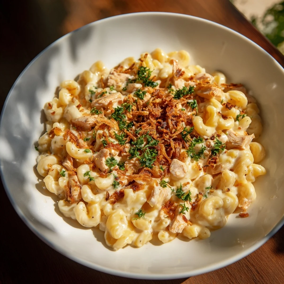 One-Pot Honey BBQ Chicken Mac and Cheese, bubbling and cheesy, with a sprinkle of fresh parsley.