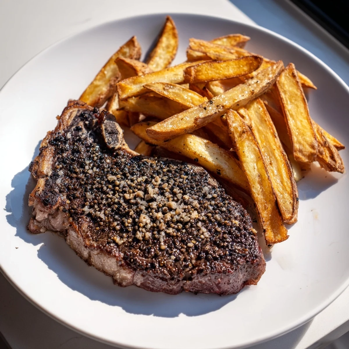 Sizzling ribeye steak crusted with peppercorns, alongside a pile of golden-brown crispy fries.