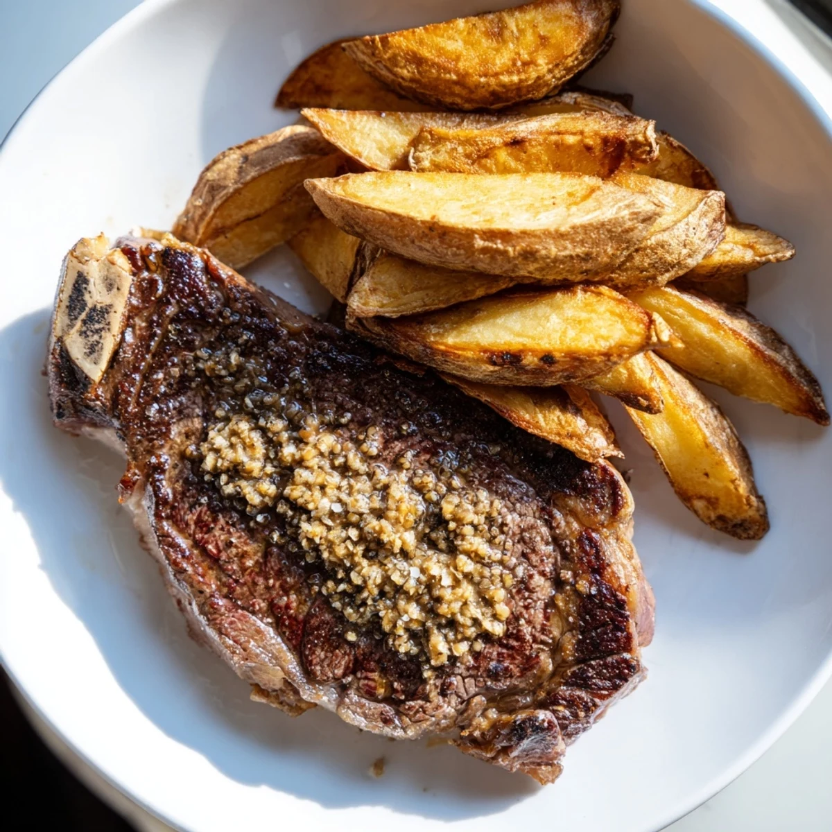 Cracked peppercorn ribeye, perfectly seared with garlic and thyme, presented with crunchy, hot fries.