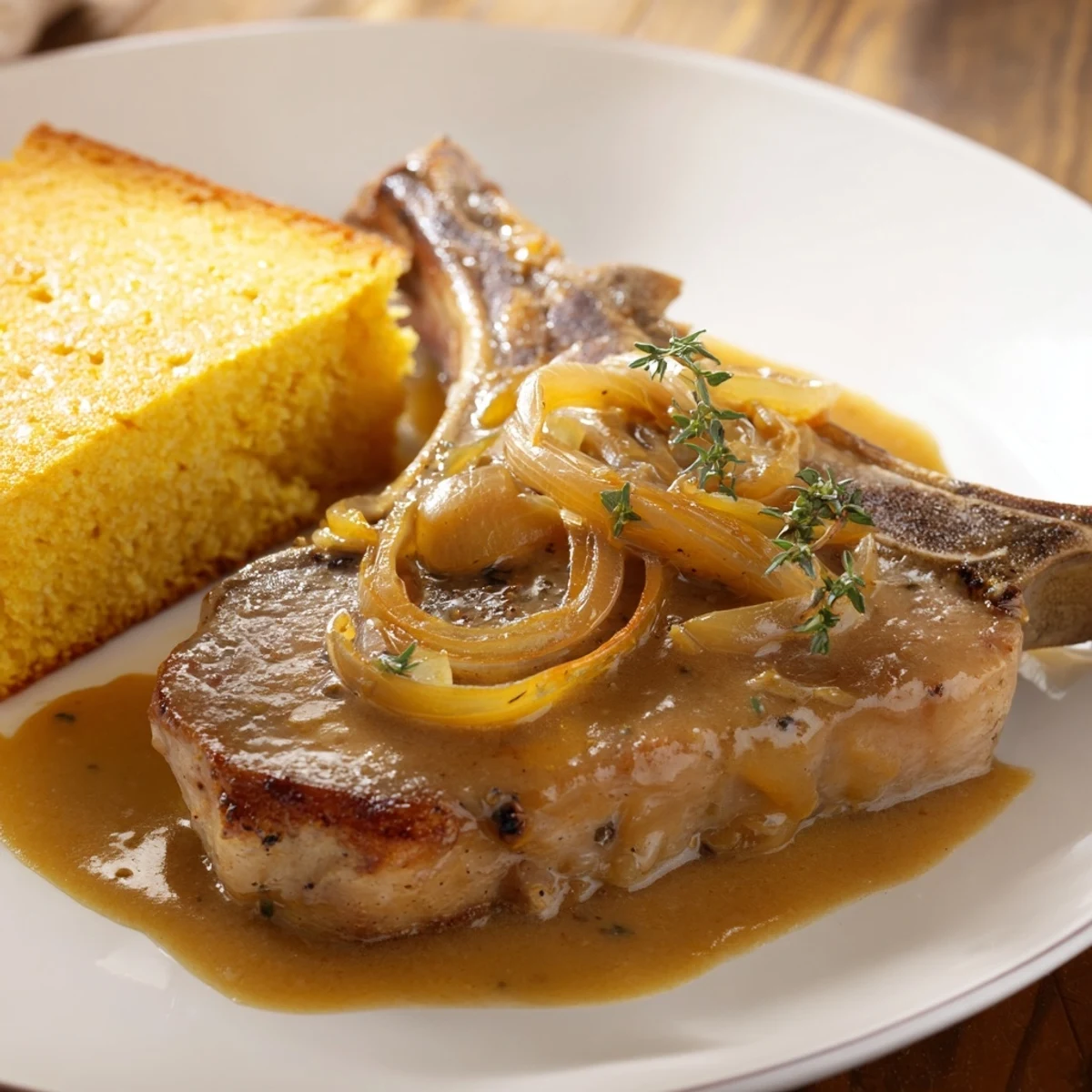 Golden, juicy Smothered Pork Chops & Cornbread, showcasing a thick onion gravy and warm cornbread squares.