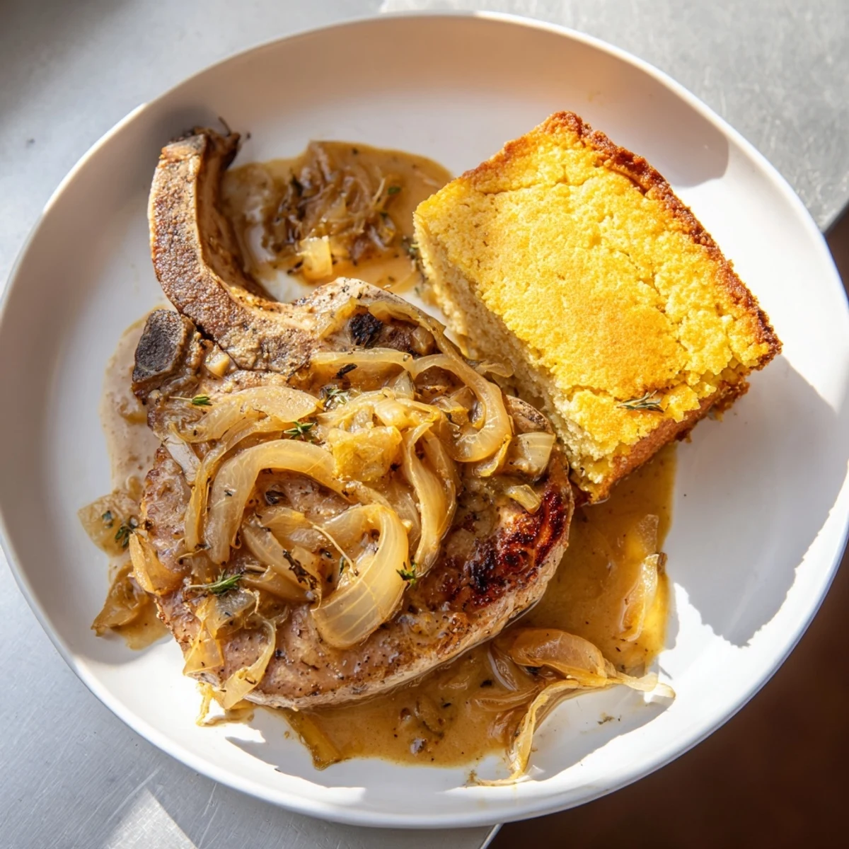 A steaming plate of Southern comfort: tender Smothered Pork Chops alongside fluffy, golden cornbread.