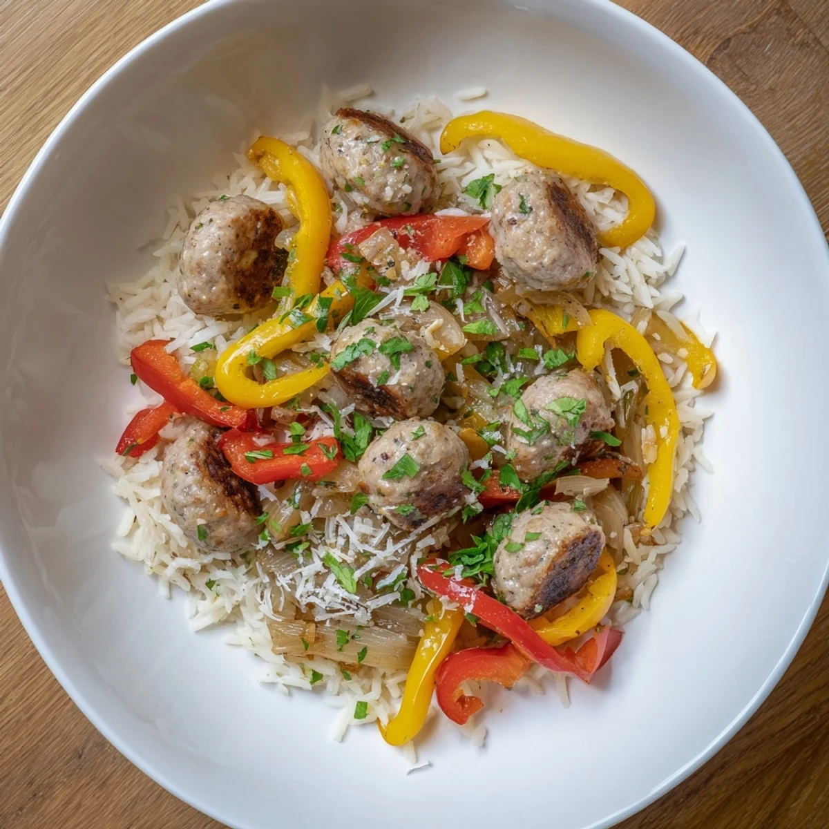 Savory Italian Sausage & Peppers Rice Plate, vibrant with colorful peppers and tender sausage, ready to be enjoyed.