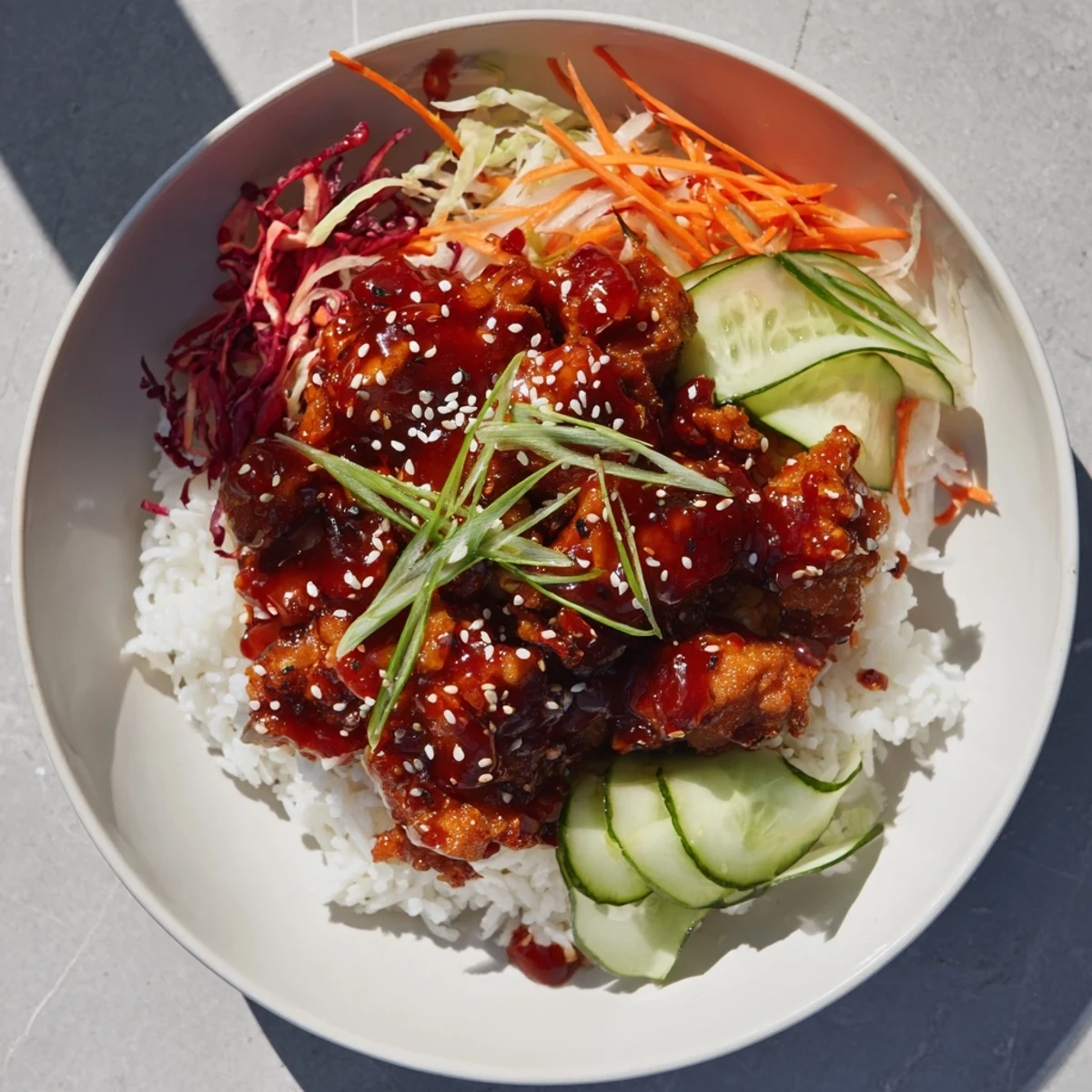 Sriracha Honey Chicken Rice Bowl: imagine tender chicken with a vibrant red glaze, served with fresh vegetables.
