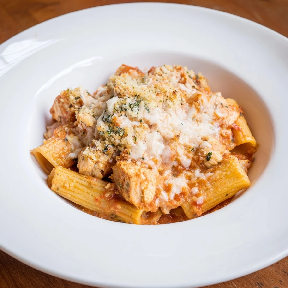 A close-up of a delicious Baked Chicken Parmesan Pasta, featuring juicy chicken and marinara.