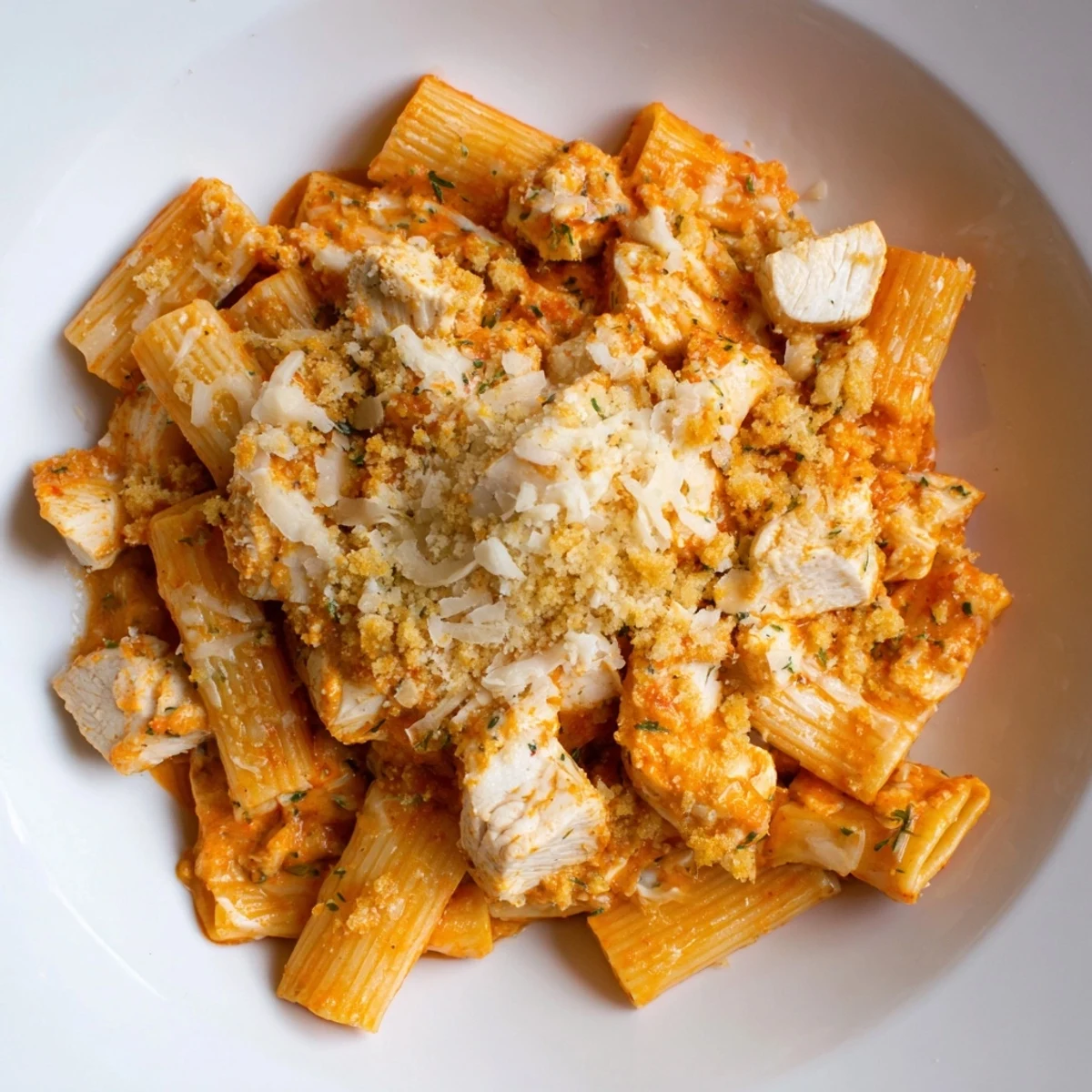 Golden-brown Baked Chicken Parmesan Pasta, a comforting Italian-American dish with breadcrumb topping.
