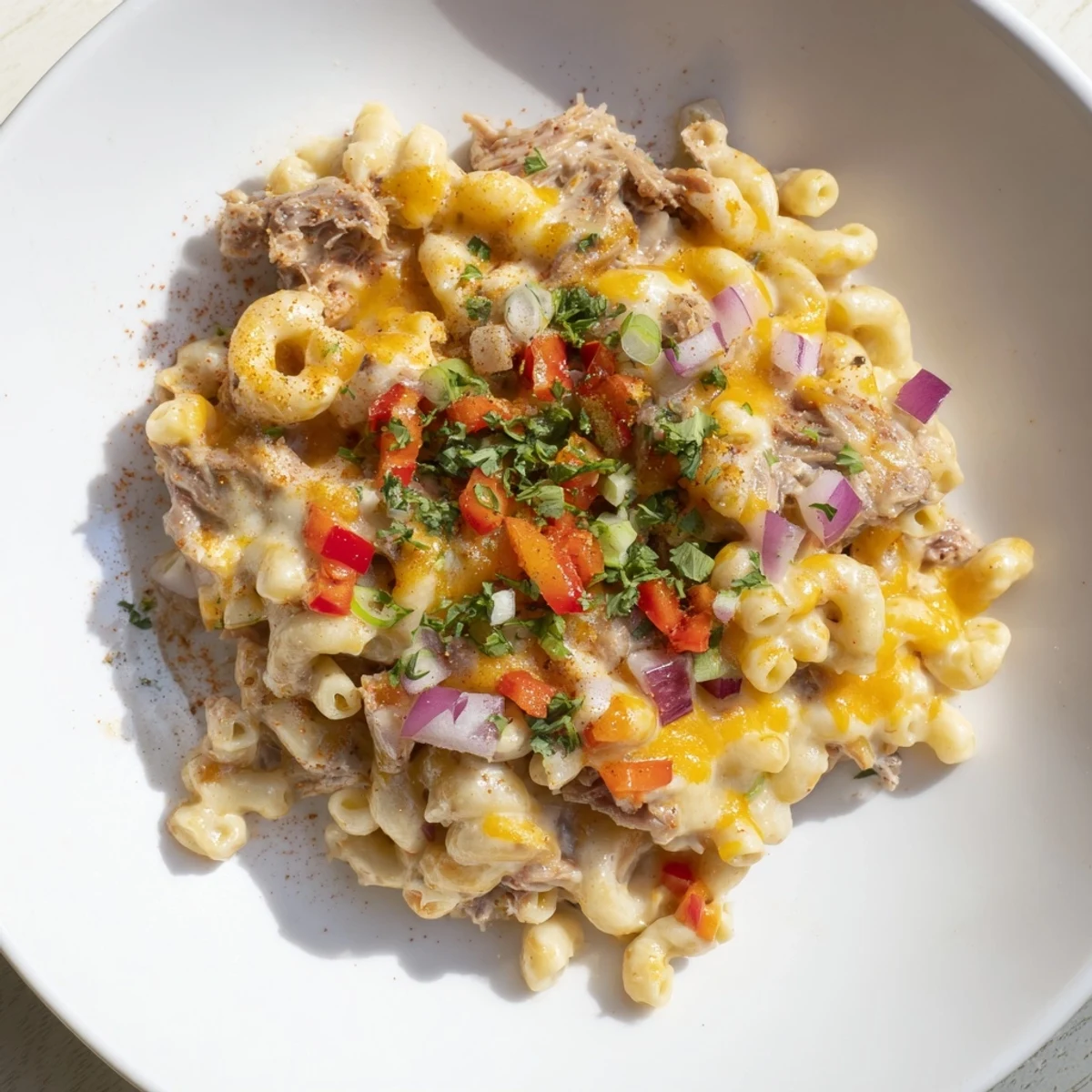 A close-up of a skillet brimming with rich BBQ Rib Macaroni Skillet, garnished with fresh parsley.