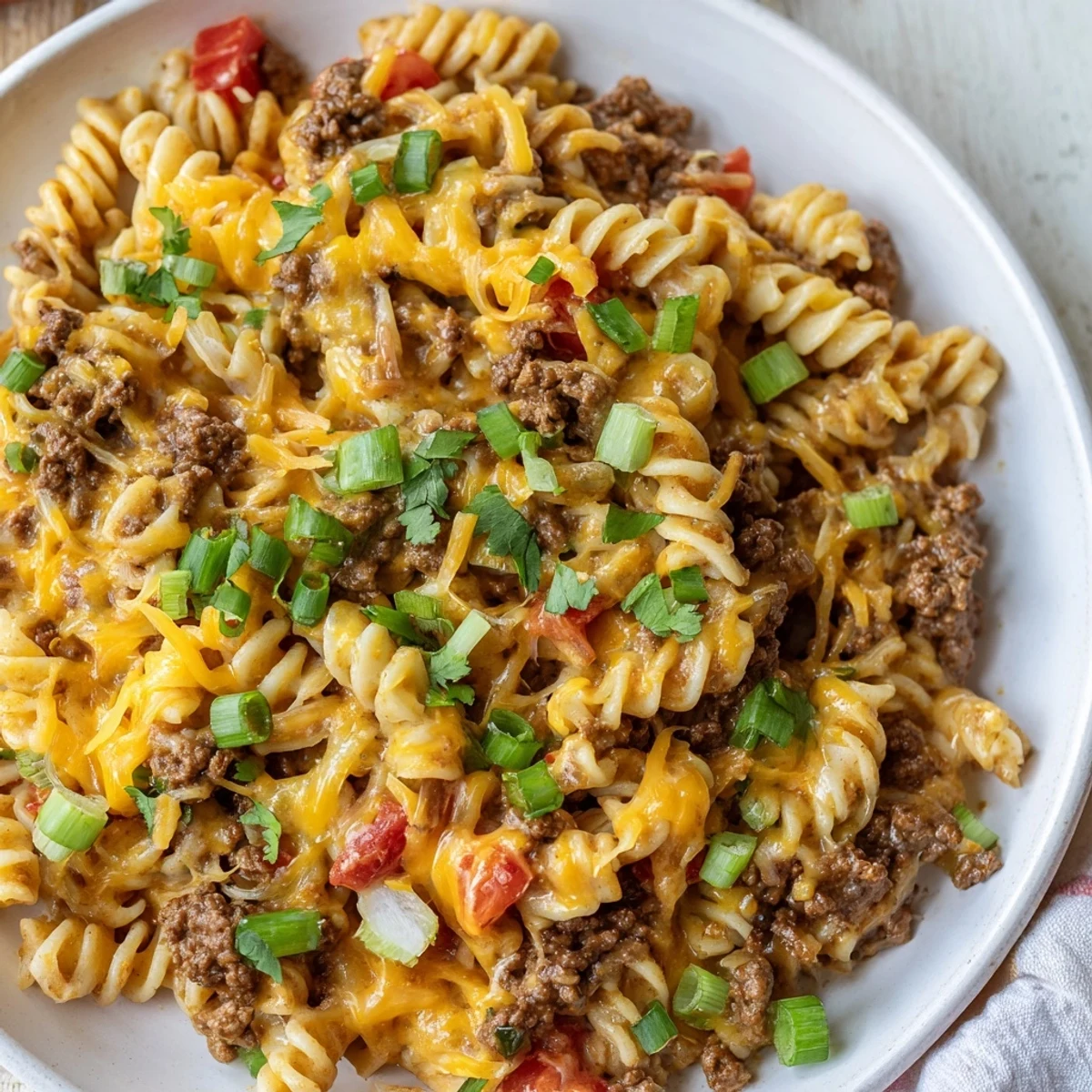 Golden, cheesy deliciousness: a close-up shot of the flavorful Cheesy Taco Pasta Skillet with garnishes.