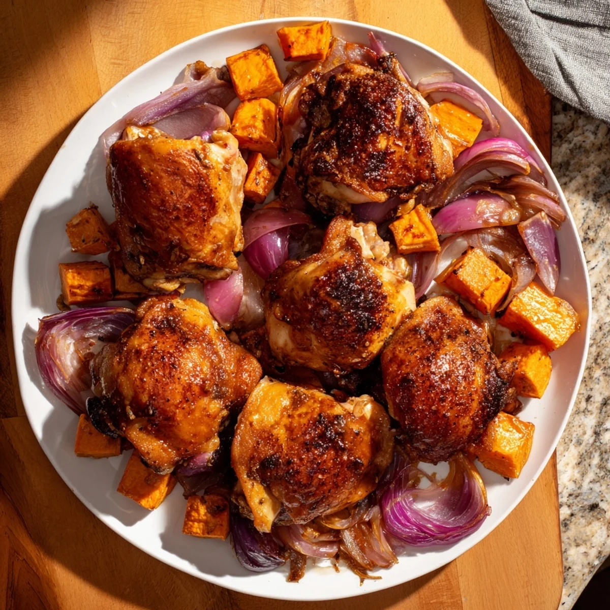 Golden-brown Maple Glazed Chicken & Sweet Potato Bake with tender vegetables, ready to serve.
