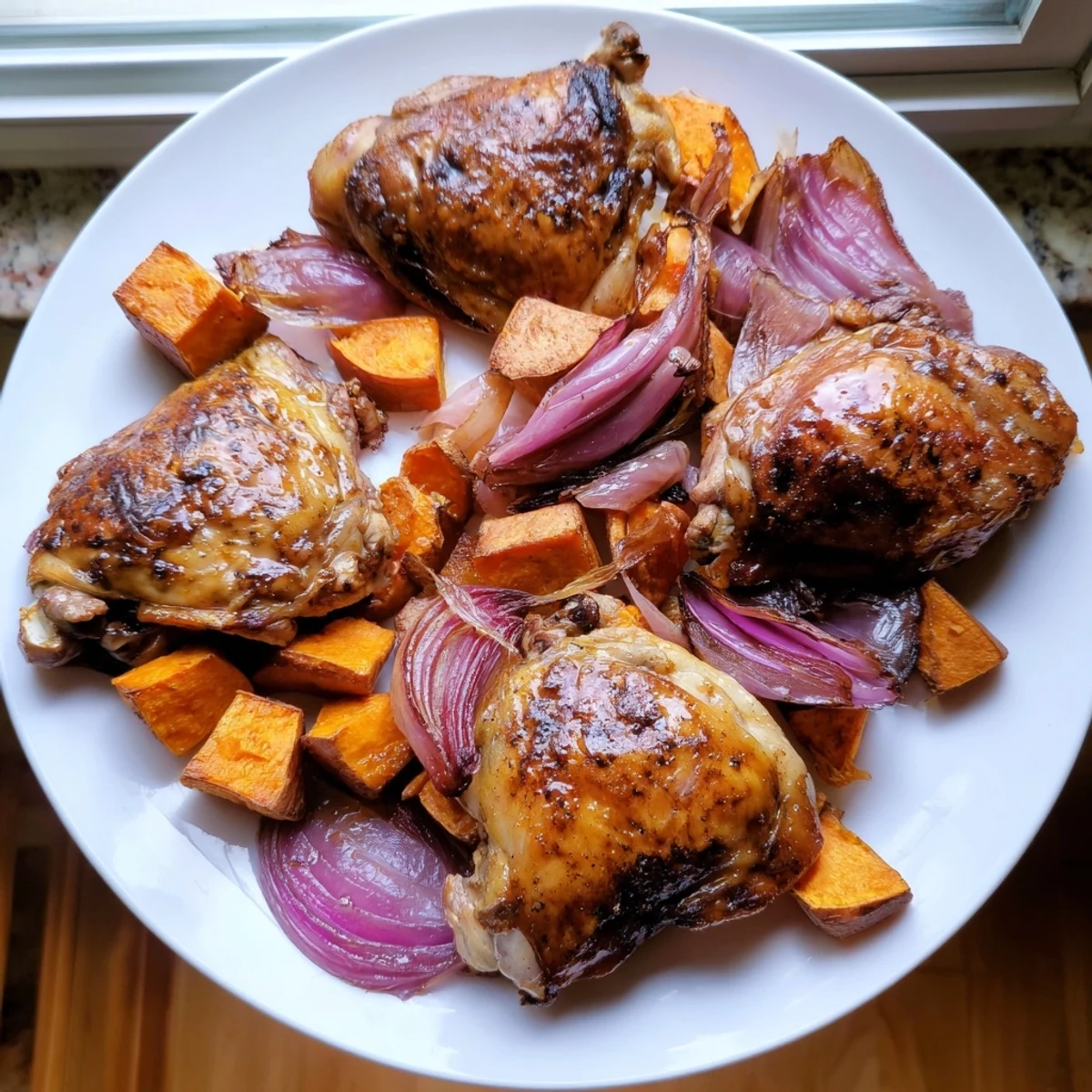 Steaming Maple Glazed Chicken & Sweet Potato Bake with roasted sweet potatoes, a complete dinner.