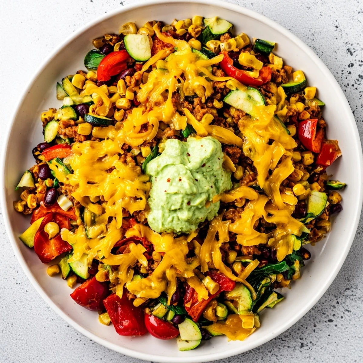 Colorful veggie-packed taco skillet featuring a creamy avocado yogurt and warm spices ready to eat.