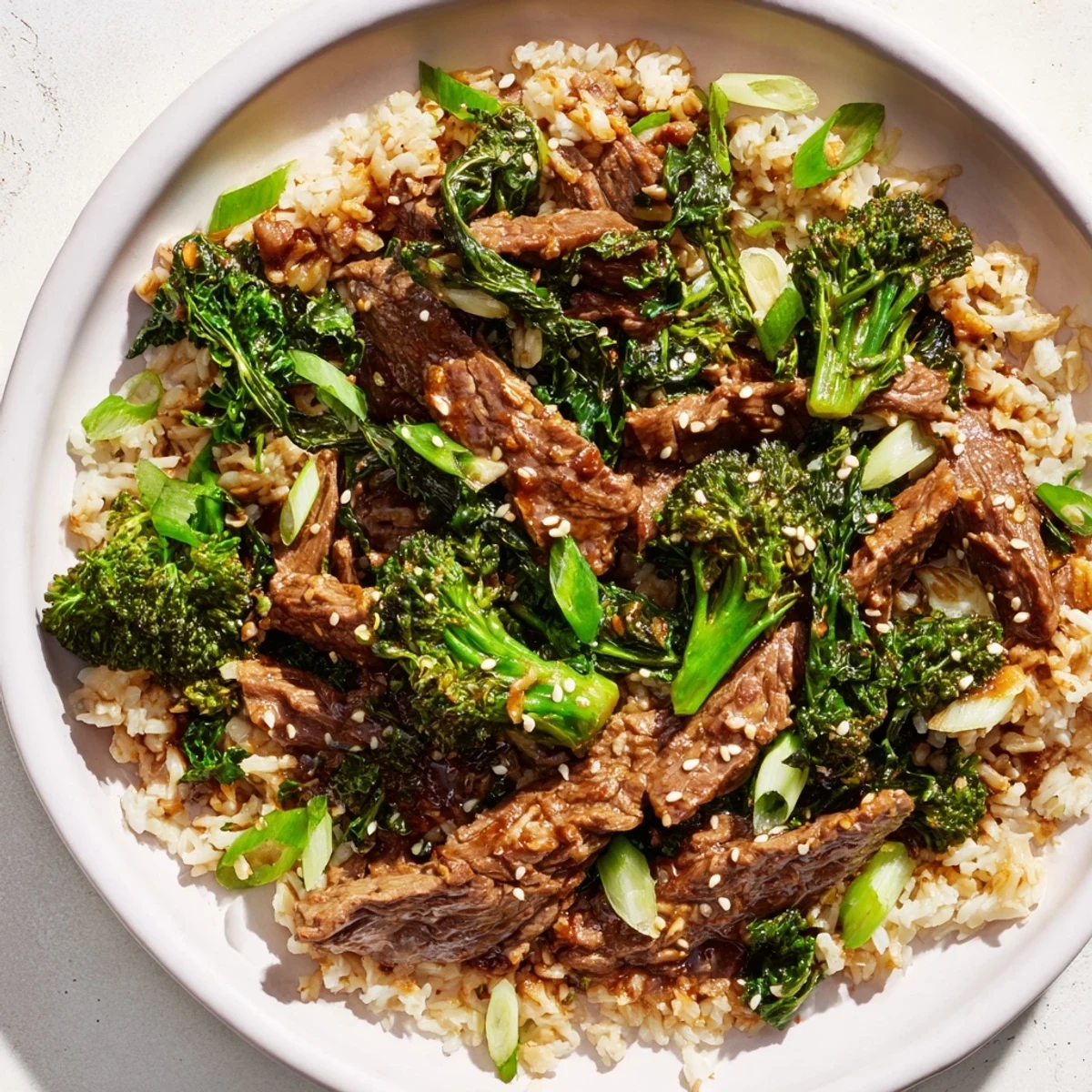 A close-up view of the savory Slow-Cooker Beef & Broccoli recipe, garnished with fresh sliced scallions.