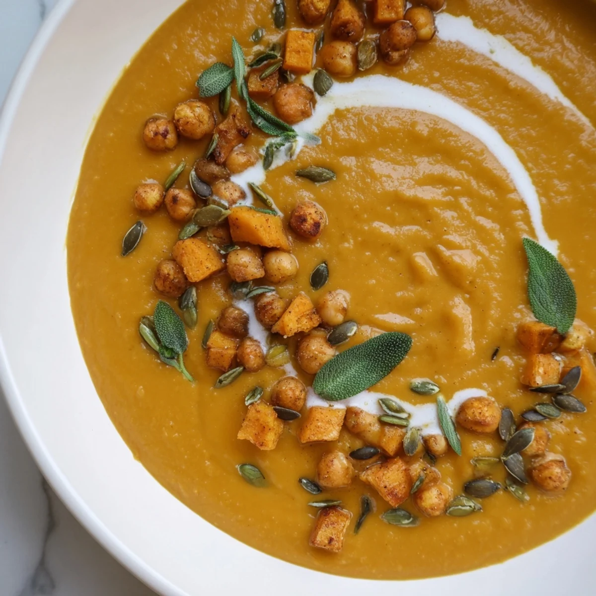 Creamy Chickpea, Pumpkin & Sage Soup, garnished with toasted pumpkin seeds, looks warm and inviting.