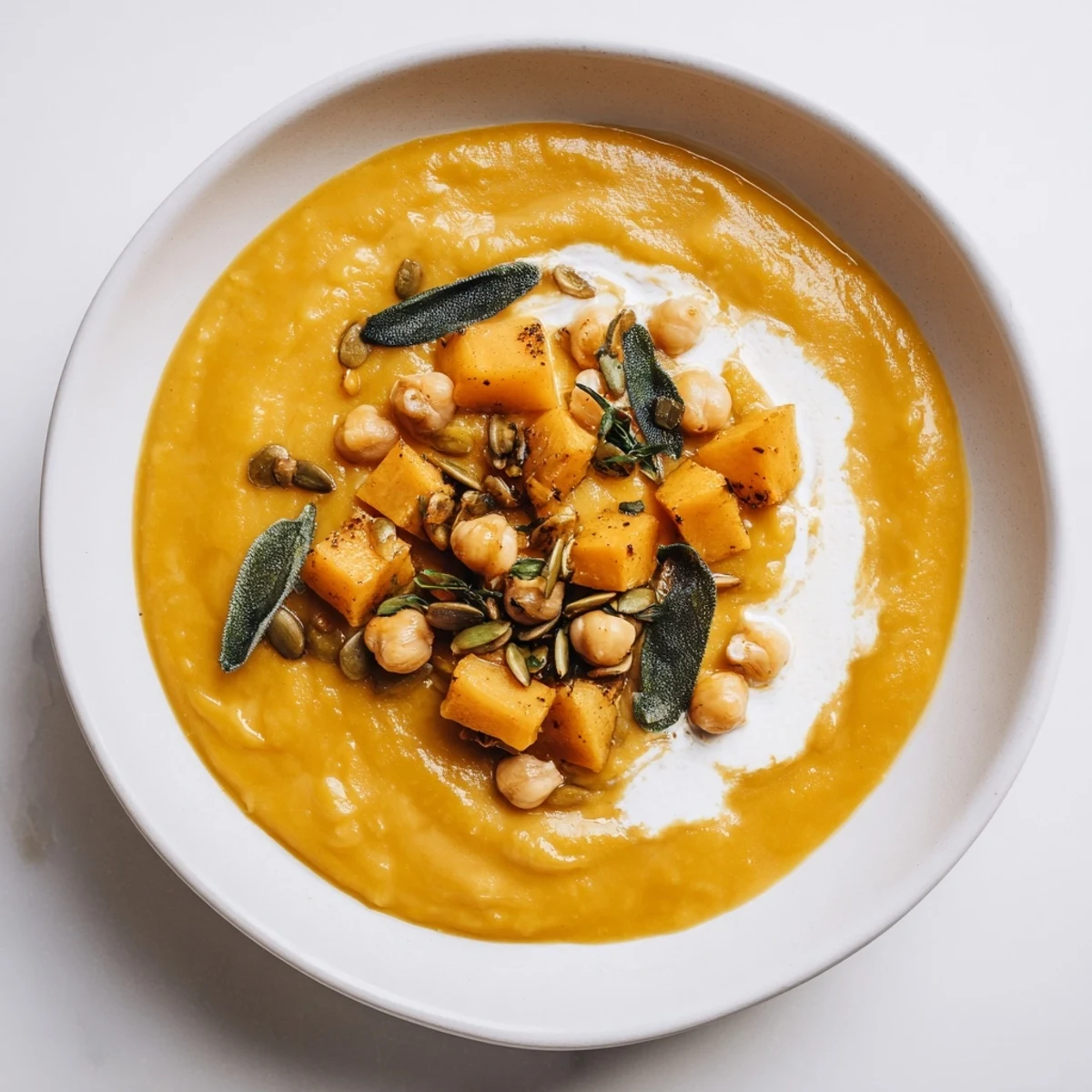 A bowl of aromatic Chickpea, Pumpkin & Sage Soup, ready to be enjoyed on a chilly evening.