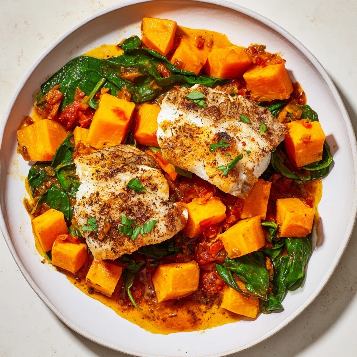 Baked Cod with Butternut Squash, spinach, and a rich tomato-herb sauce, ready to serve with lemon.