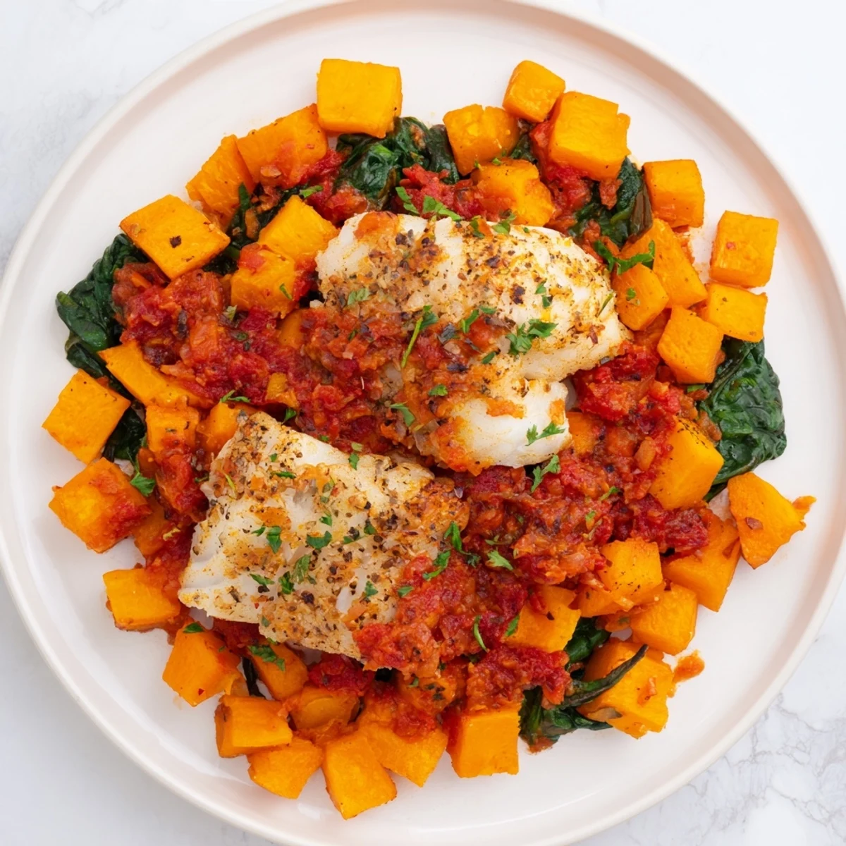 Golden-brown baked Cod nestled among roasted butternut squash and herbs, a healthy and flavorful meal.