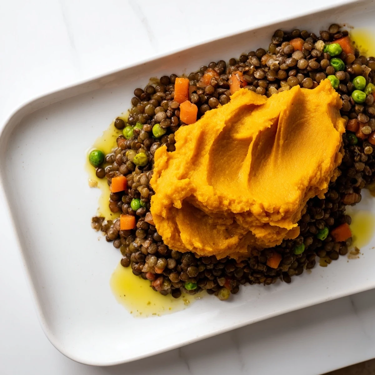 Steaming-hot Veggie Shepherds Pie showing a golden sweet potato crust over a bubbling lentil filling for serving.