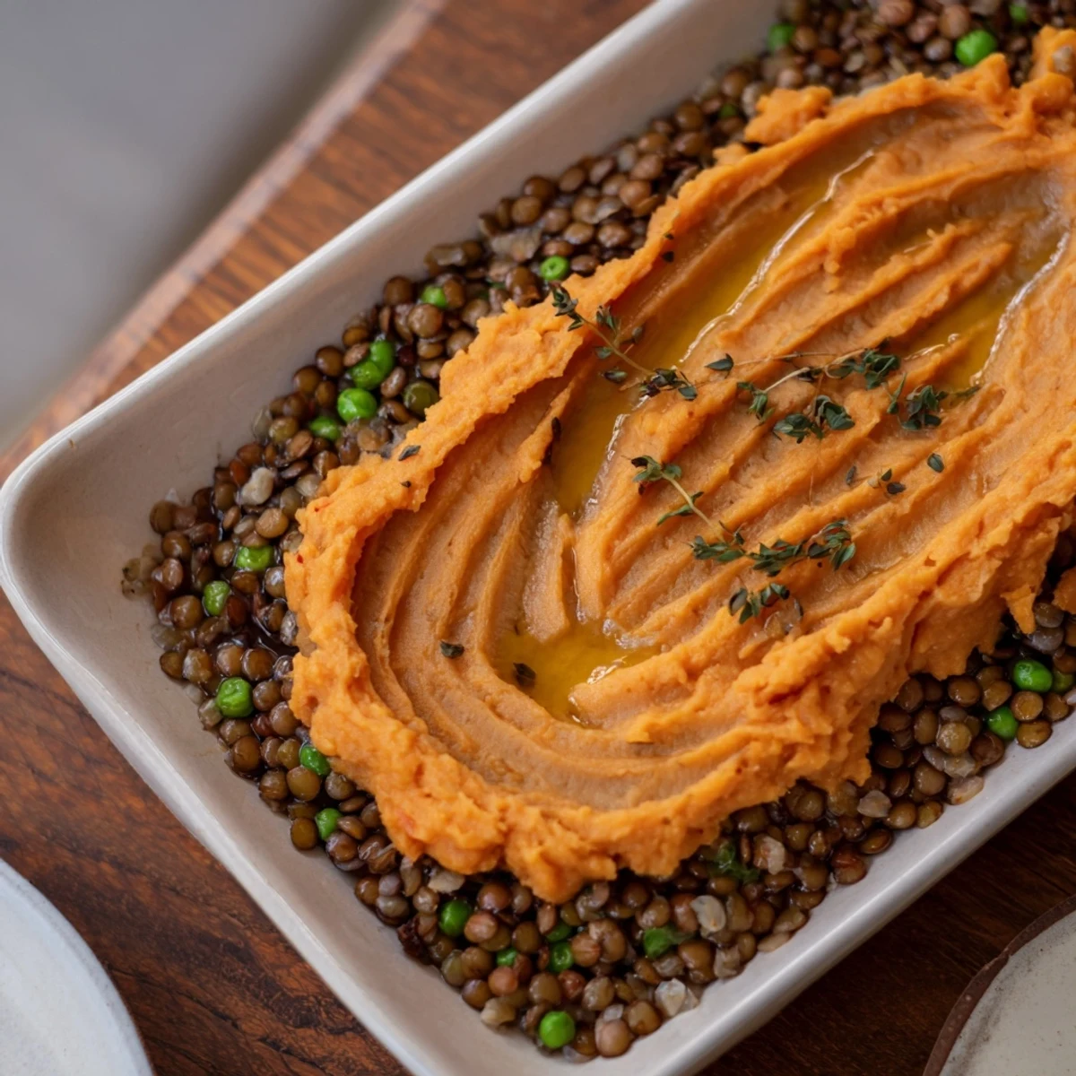 Imagine a hearty bowl of Veggie Shepherds Pie; the luscious lentil filling is topped with fluffy sweet potato mash.