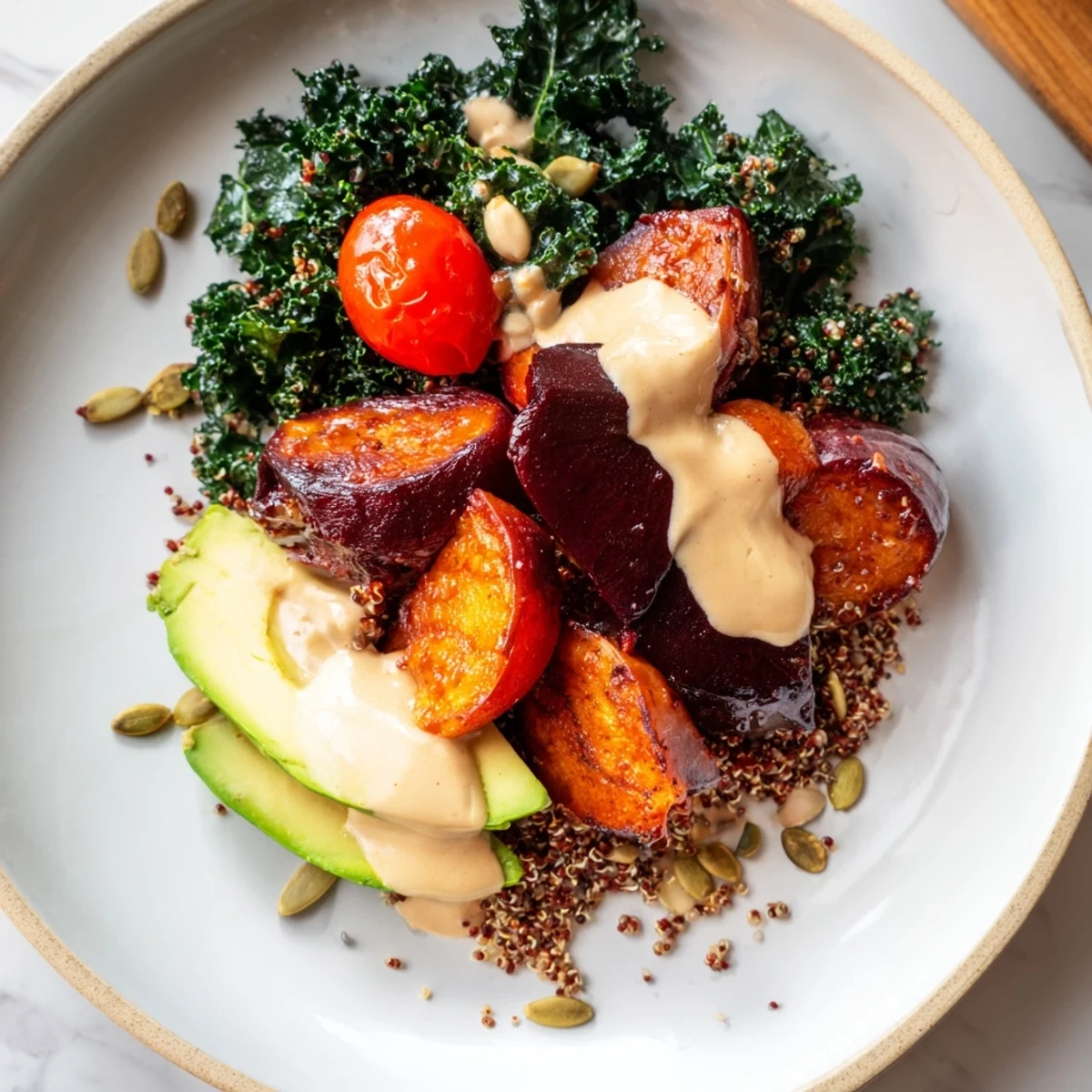 A colorful Quinoa, Kale & Roasted Beet Bowl: tender beets, fluffy quinoa, and creamy tahini dressing.