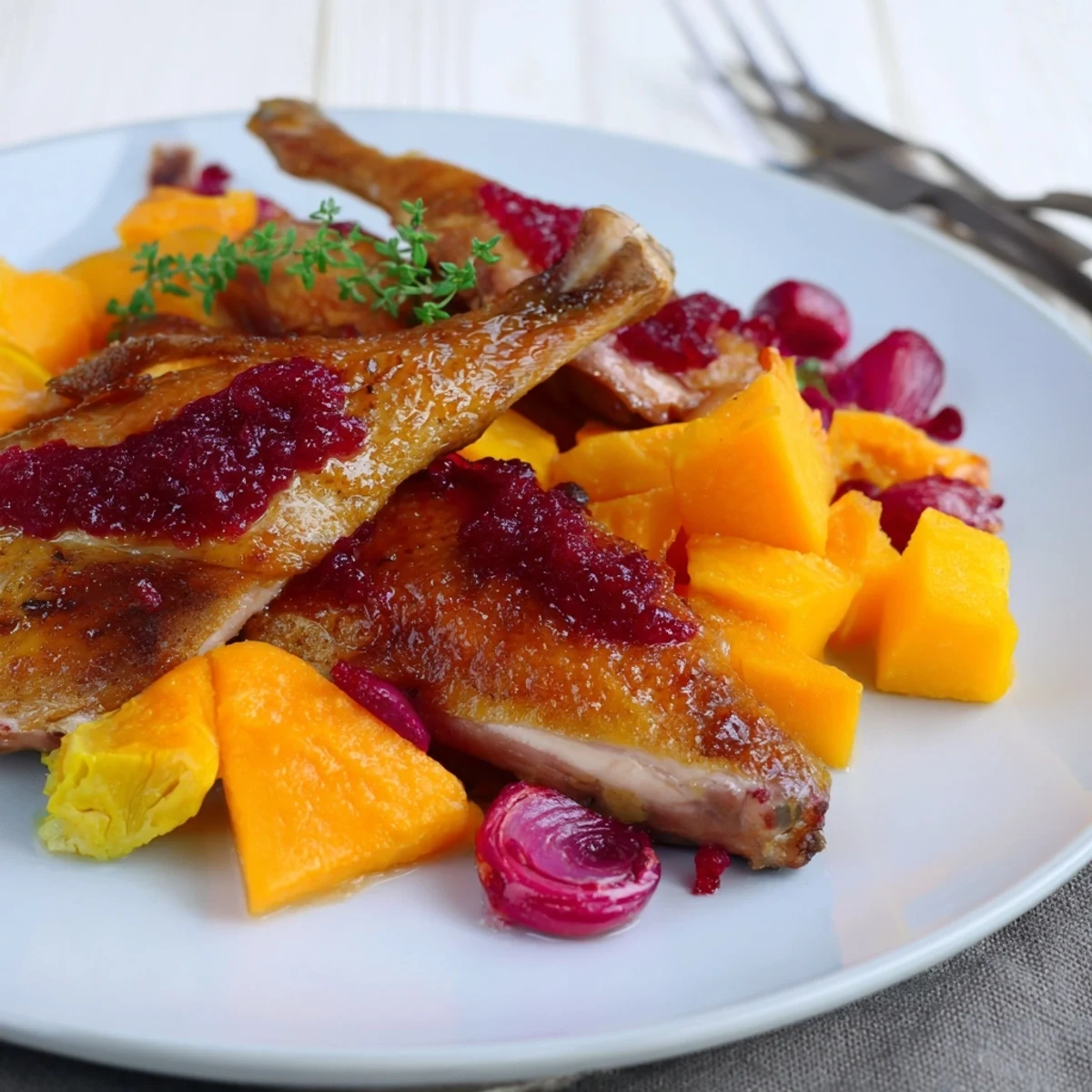 Tender turkey breast, roasted with fragrant herbs, offers a taste of fall with winter vegetables and cranberry glaze.
