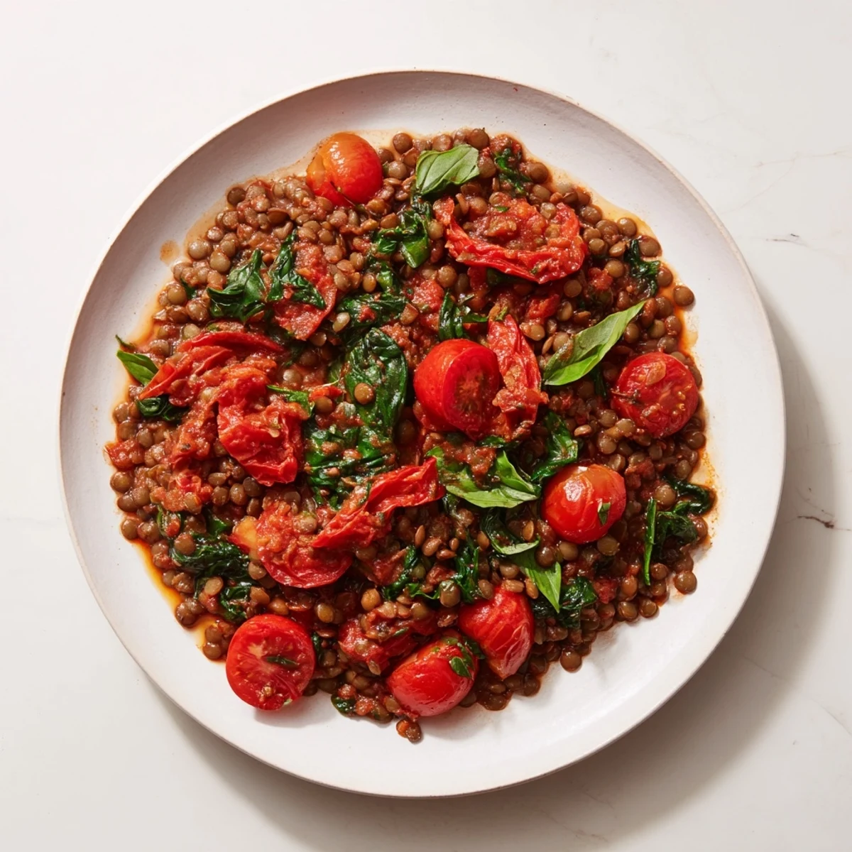 Vibrant Lentil-Tomato Skillet, a colorful vegetarian delight filled with fresh herbs steaming.