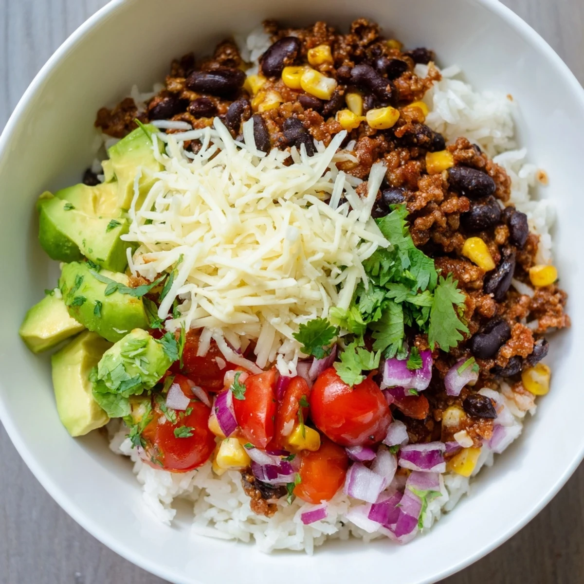 Fluffy rice, seasoned beans, and sweet corn make up this delicious Rice, Bean, and Corn Burrito Bowl meal.