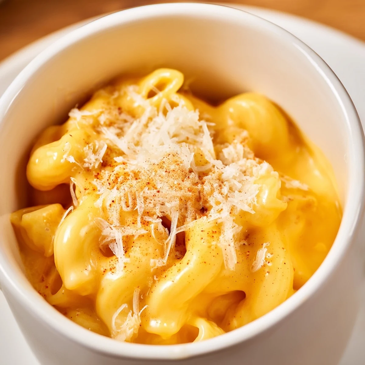 Steaming mug mac & cheese, topped with paprika and Parmesan—a quick, creamy comfort food.