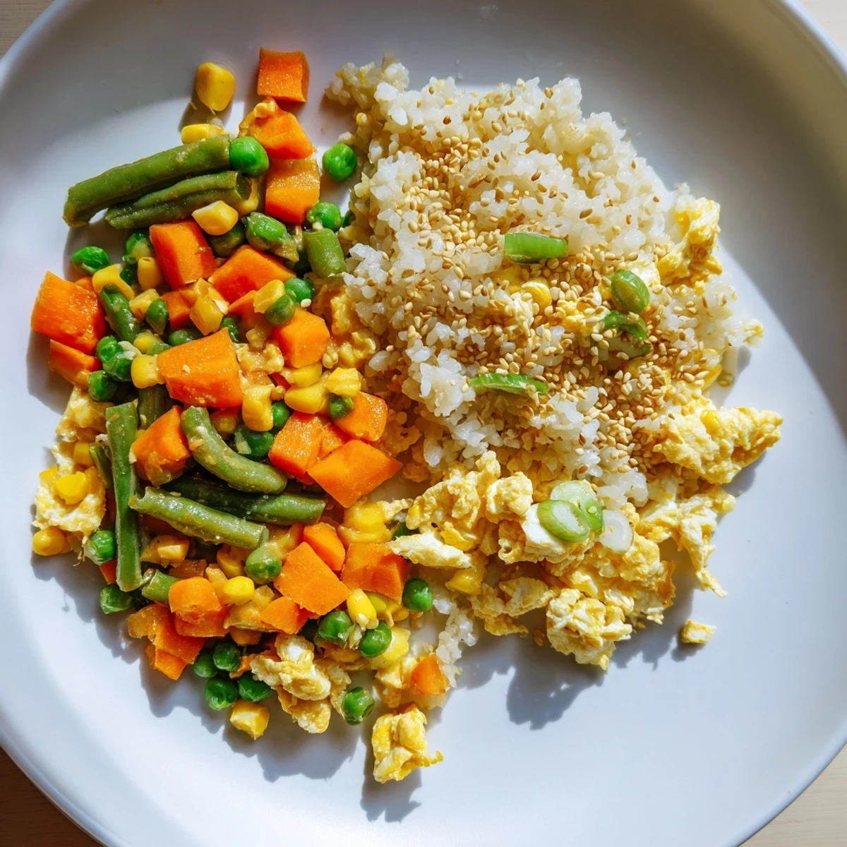 Steaming hot Frozen Veggie Fried Rice, a colorful mix with fluffy scrambled eggs and savory soy sauce.