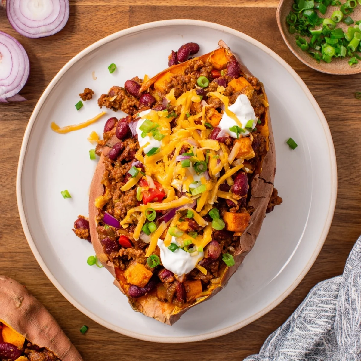 This satisfying baked sweet potato stuffed with chili showcases a rich, savory aroma and visual appeal.
