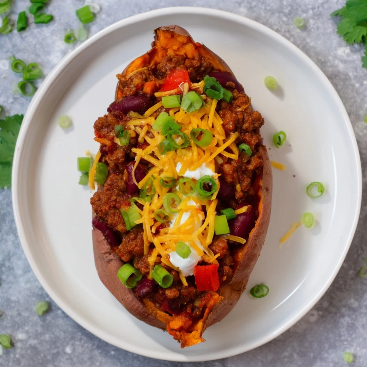 A close-up of a delightful baked sweet potato stuffed with chili, perfect for a cozy, delicious dinner.