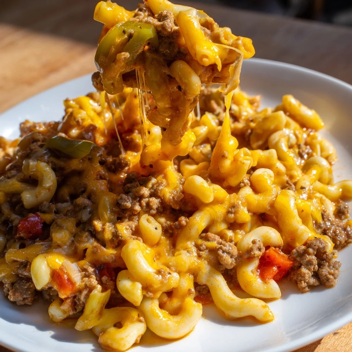 Steaming hot Hamburger Casserole topped with melty cheese, perfect for a hearty family meal.