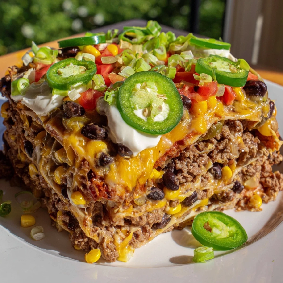 Taco lasagna layers: bubbly cheese melting over a colorful, hearty Tex-Mex family meal.