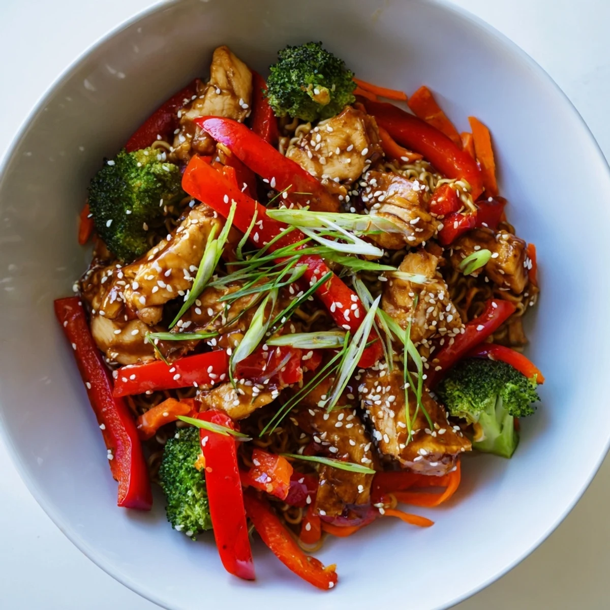 Sheet-pan crispy ramen with chicken is sizzling on a pan with beautifully browned noodles and veggies.