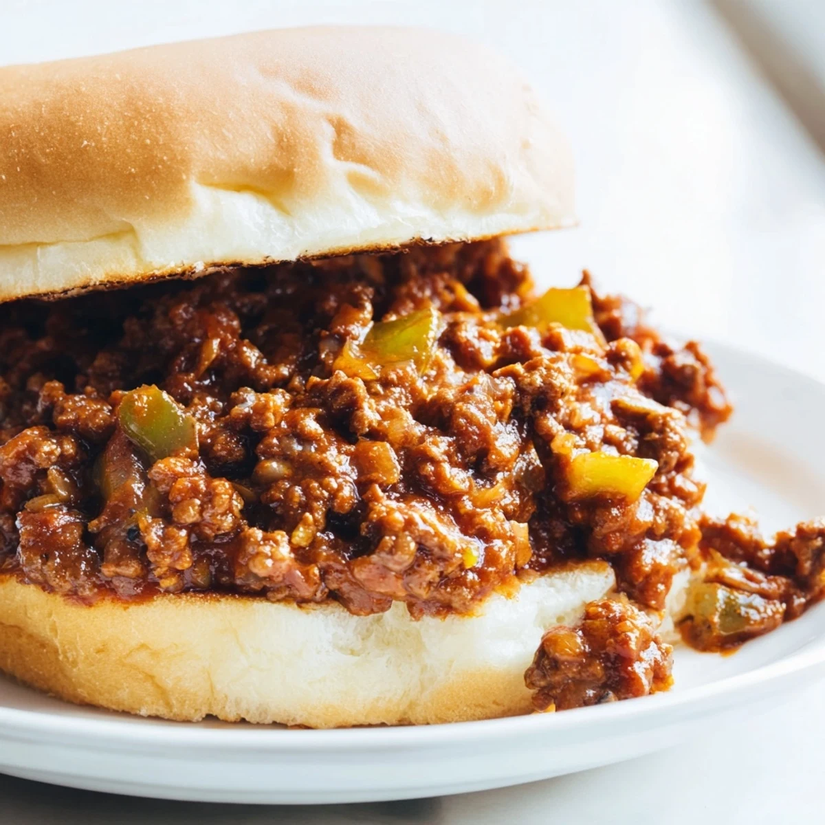 Hearty Sloppy Joes, the saucy ground beef mixture, served on a toasted bun, ready to eat.