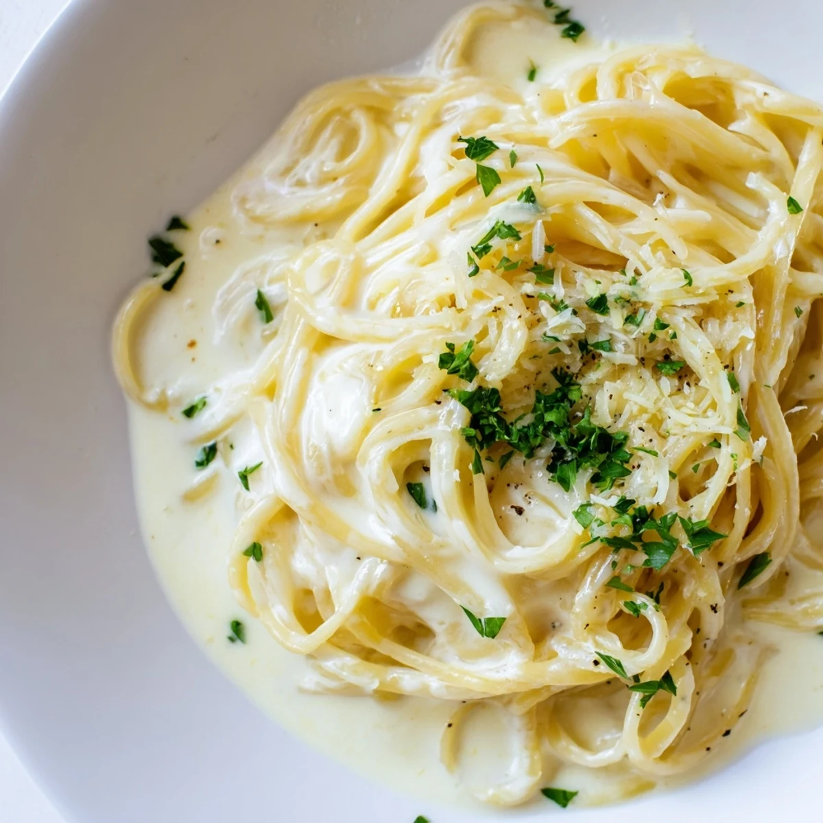Steaming Creamy Three-Cheese Spaghetti, coated in melted cheese, ready for a comforting family dinner.