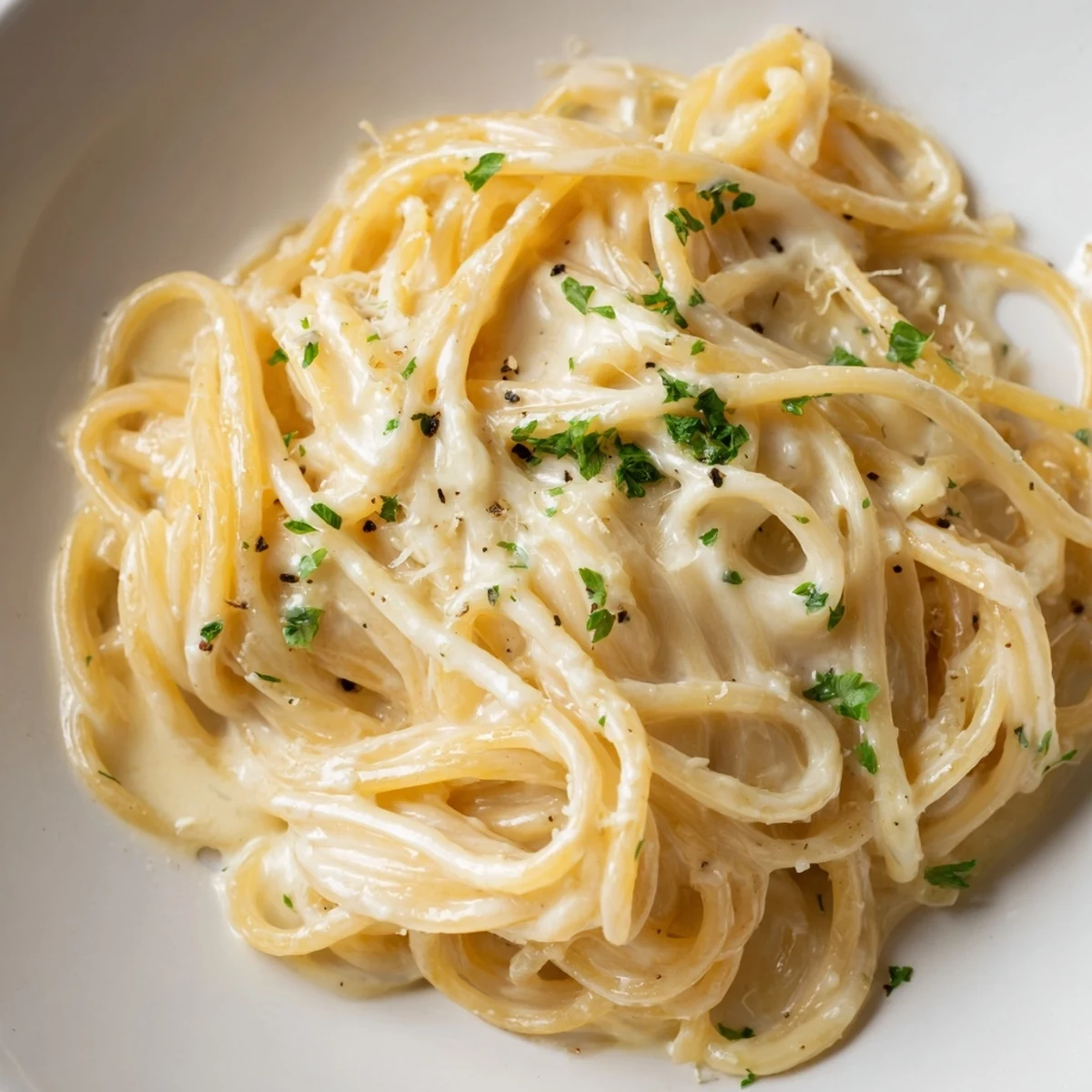 A bowl piled high with Creamy Three-Cheese Spaghetti, garnished with fresh parsley, ready to eat.