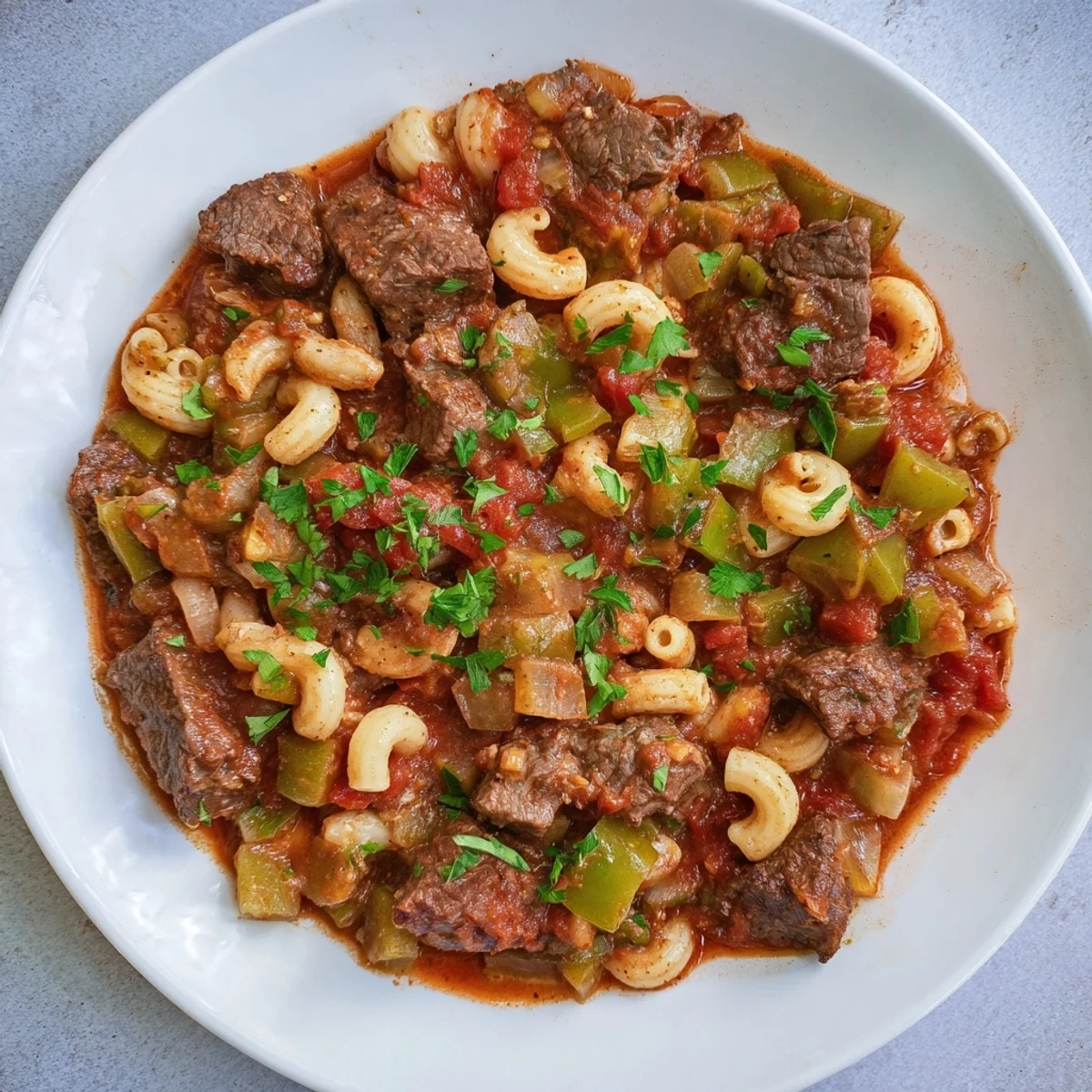 Steaming bowl of goulash with beef and pasta, garnished with fresh parsley, ready to serve.