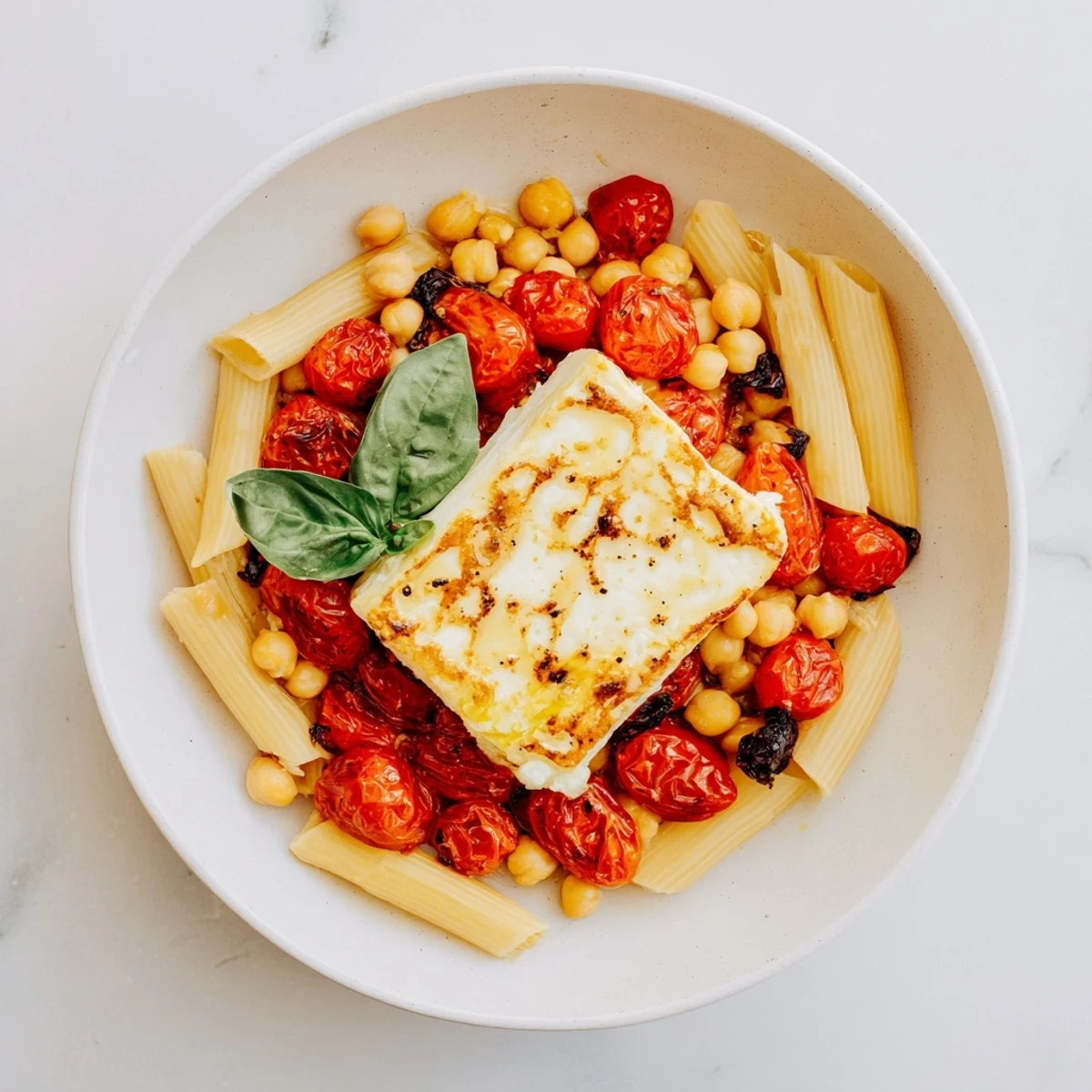 Baked Feta Chickpeas & Tomatoes: A close-up of the creamy feta mixture on pasta, ready to eat.