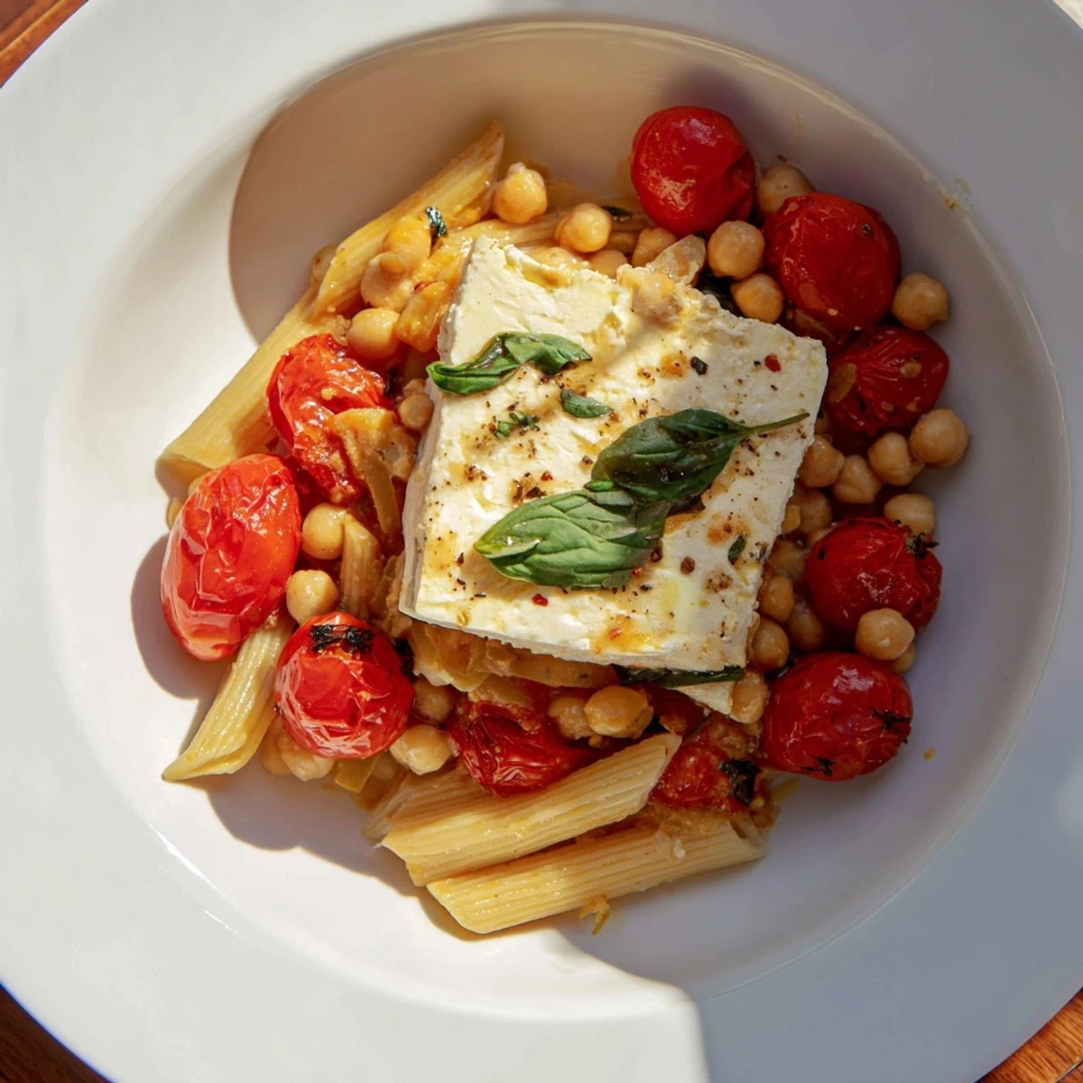 Spoonful of baked feta chickpeas & tomatoes, a delicious Mediterranean main served over rice.