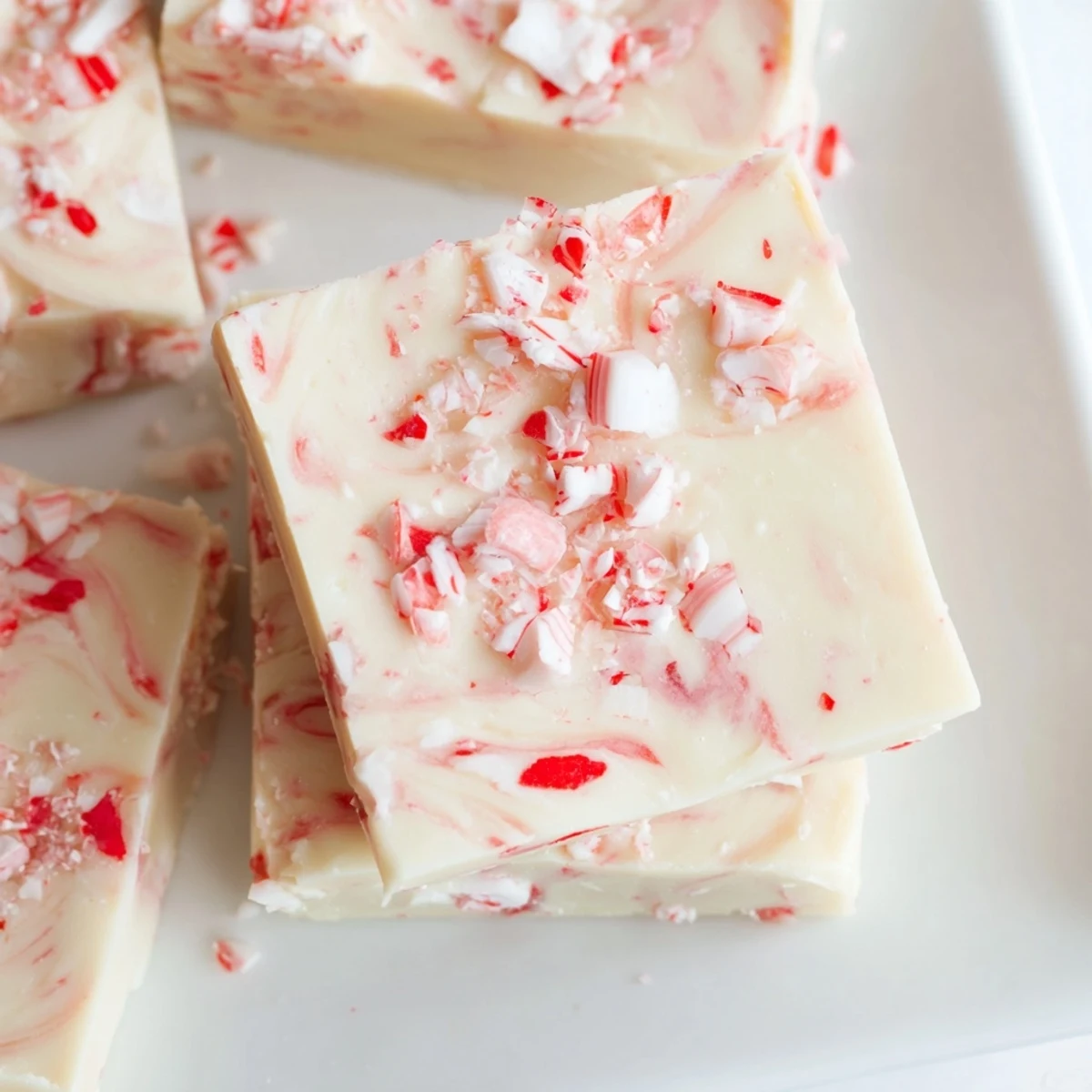 White Chocolate Peppermint Bark Fudge swirled beautifully, ready to enjoy as a sweet holiday dessert.